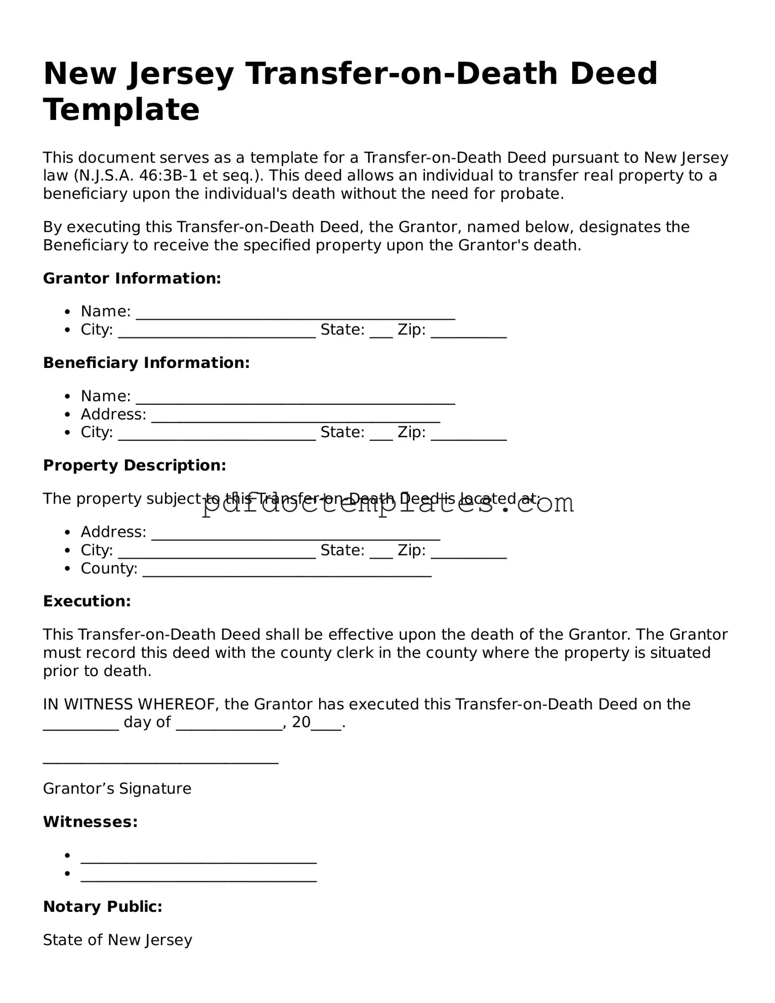 Blank  Transfer-on-Death Deed Document for New Jersey