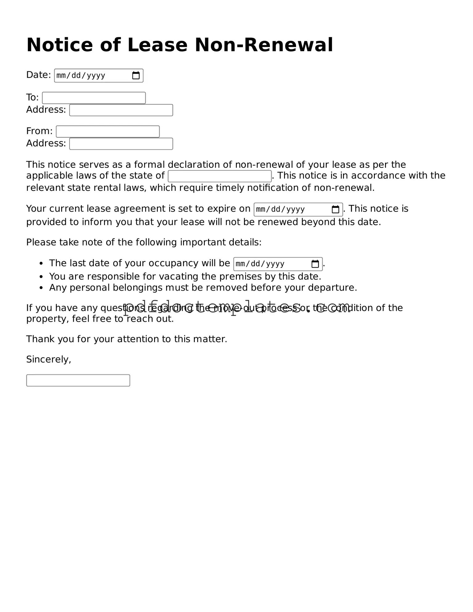 Printable Notice of Lease Non-Renewal Template