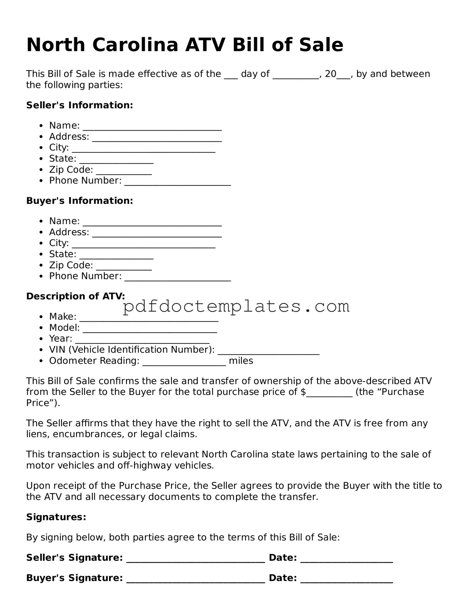 Blank  ATV Bill of Sale Document for North Carolina