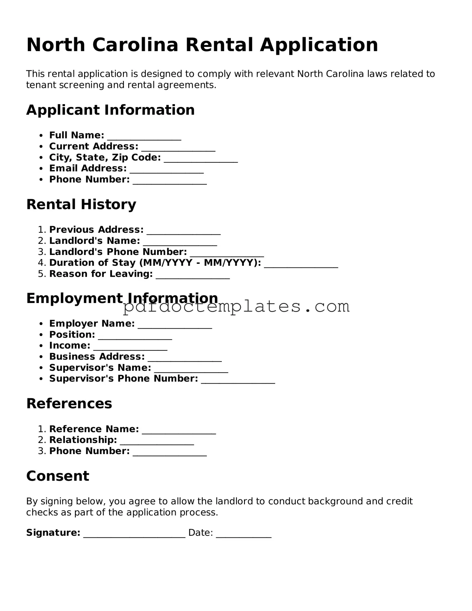 Blank  Rental Application Document for North Carolina