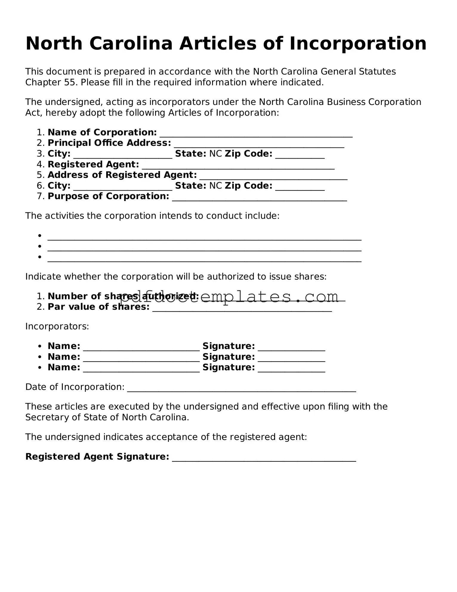 Blank  Articles of Incorporation Document for North Carolina