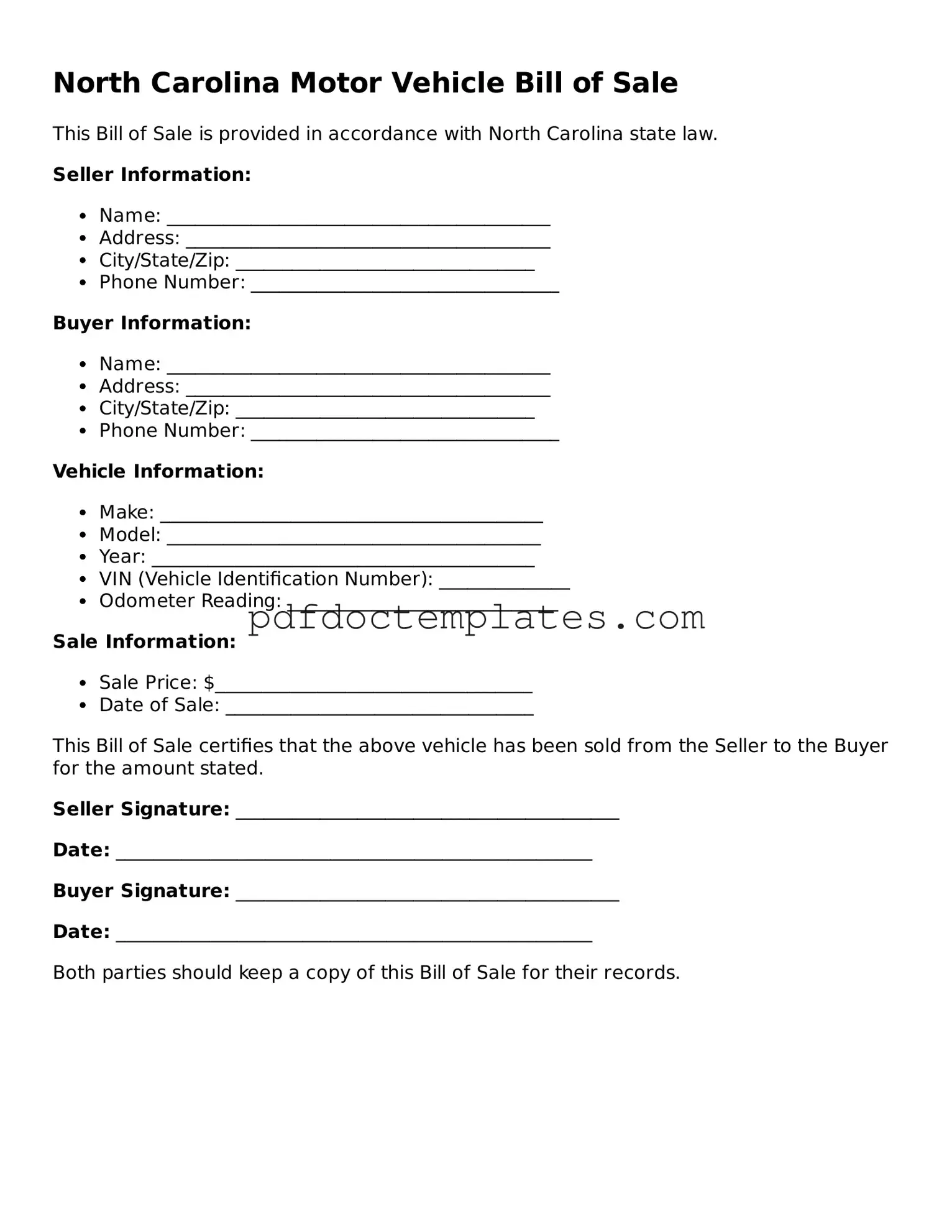 Blank  Motor Vehicle Bill of Sale Document for North Carolina