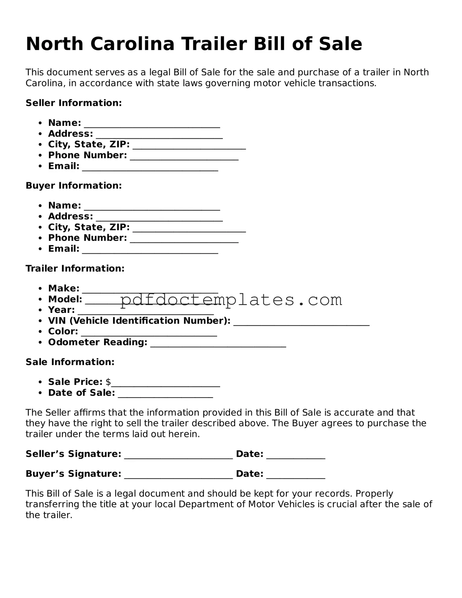 Blank  Trailer Bill of Sale Document for North Carolina