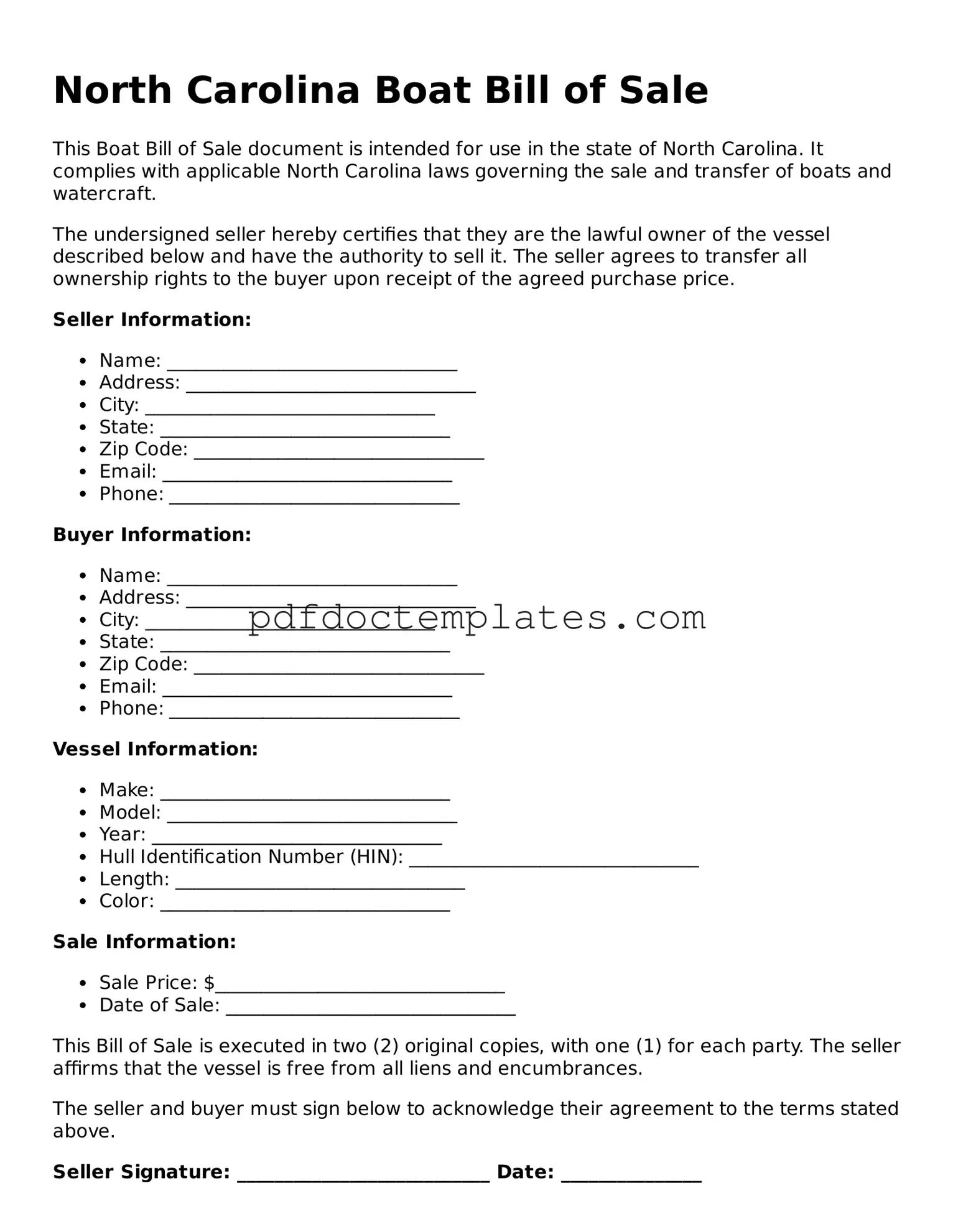 Blank  Boat Bill of Sale Document for North Carolina