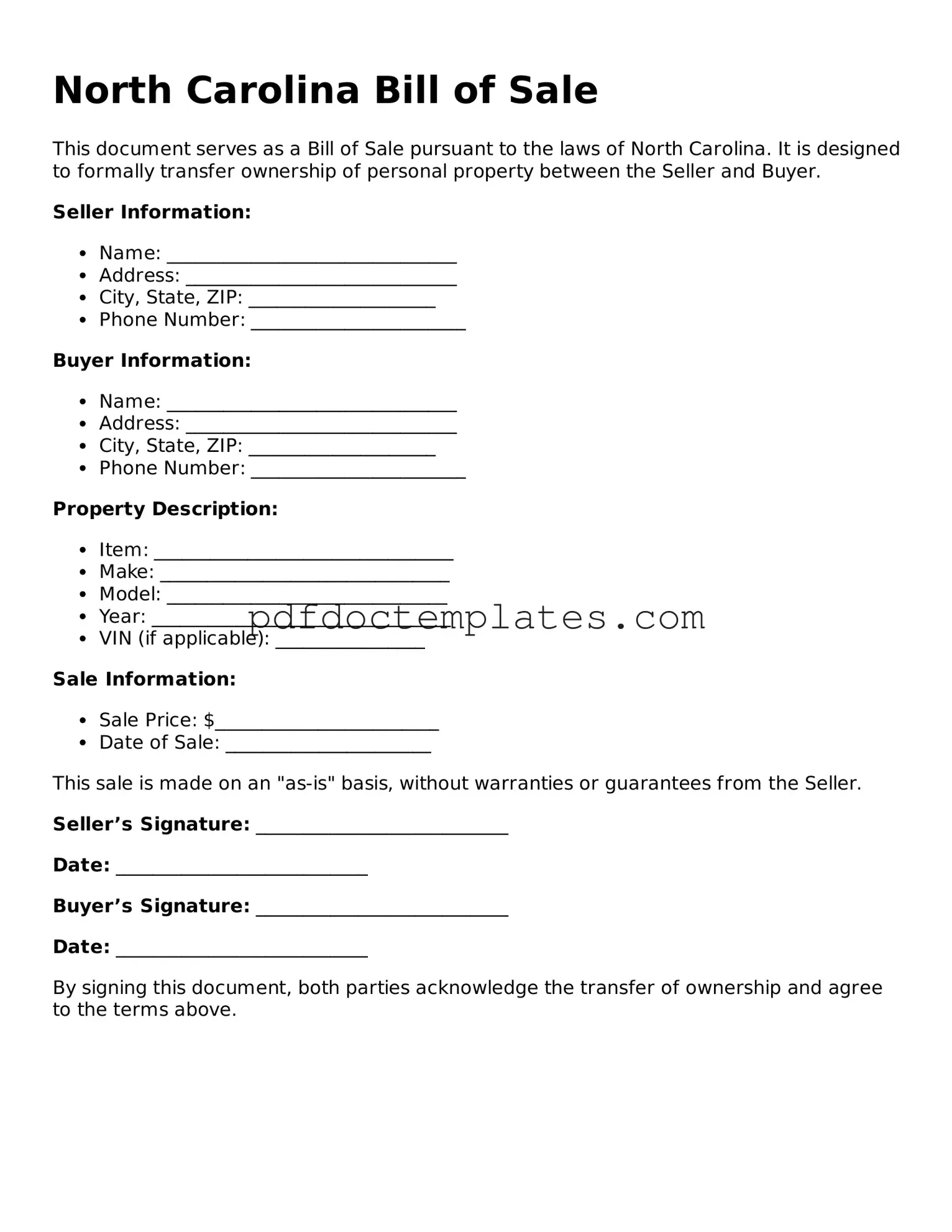 Blank  Bill of Sale Document for North Carolina