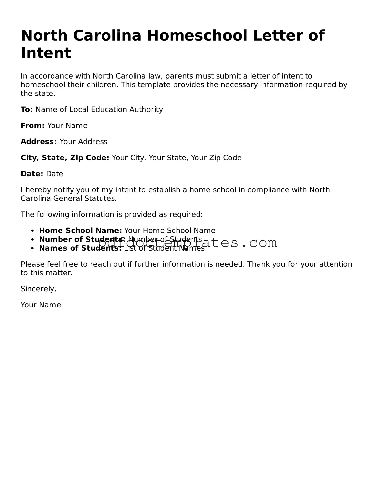 Blank Homeschool Letter of Intent Document for North Carolina