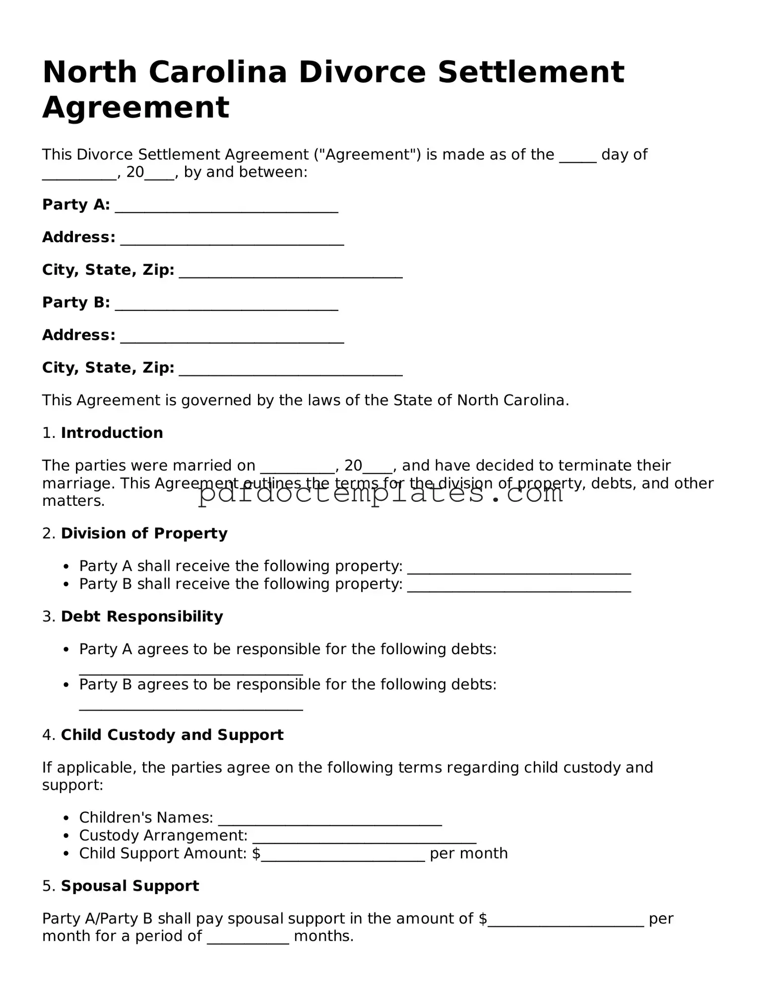 Blank  Divorce Settlement Agreement Document for North Carolina