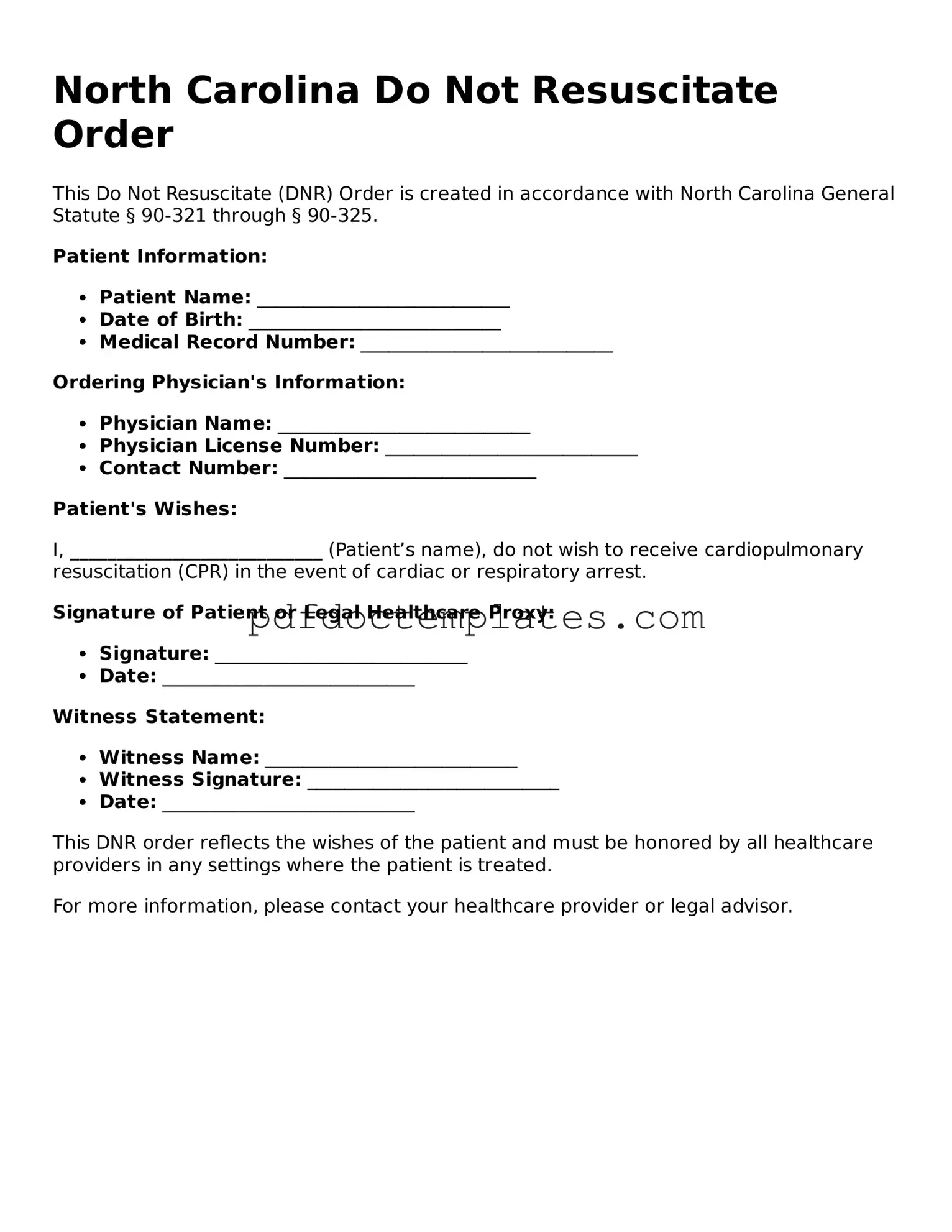 Blank  Do Not Resuscitate Order Document for North Carolina