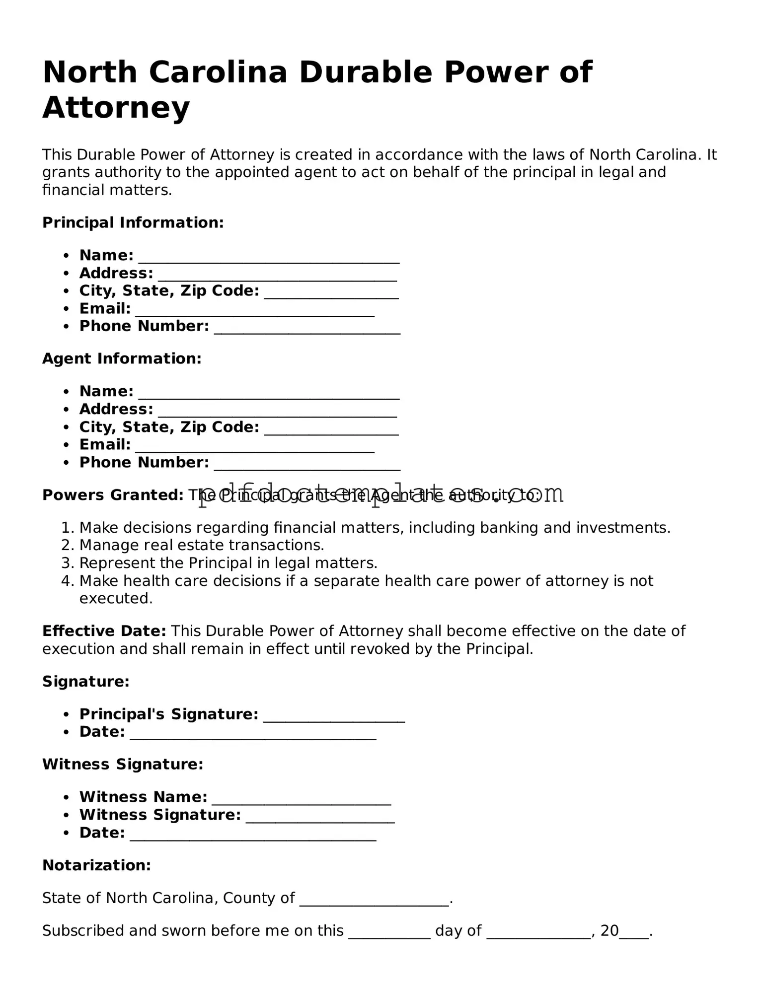 Blank  Durable Power of Attorney Document for North Carolina