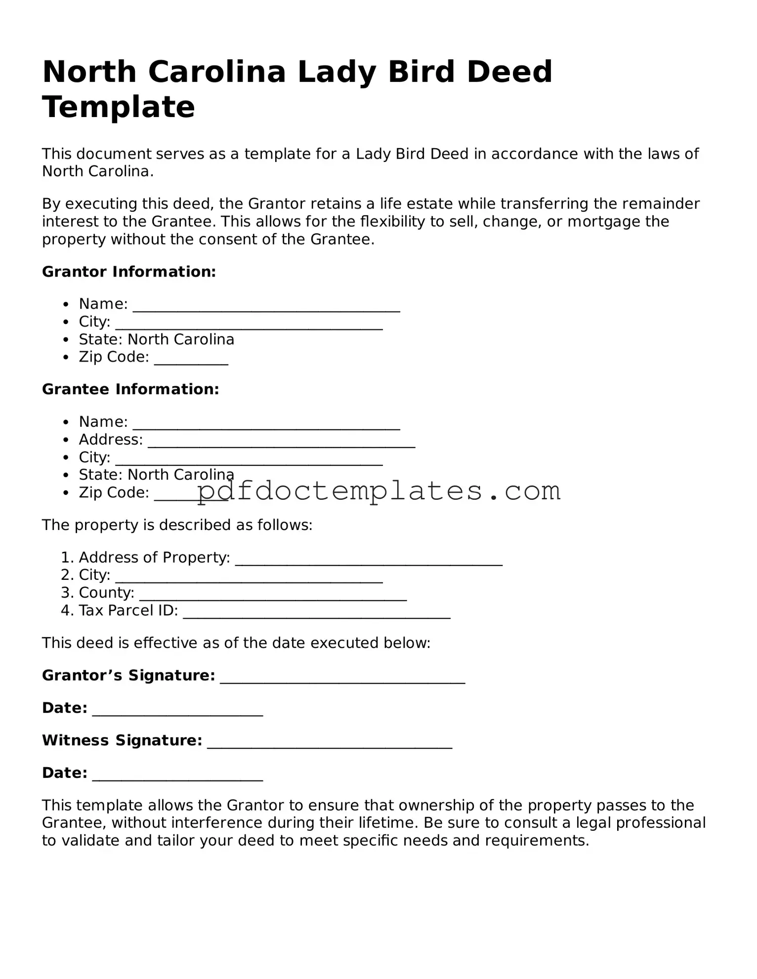 Blank  Lady Bird Deed Document for North Carolina