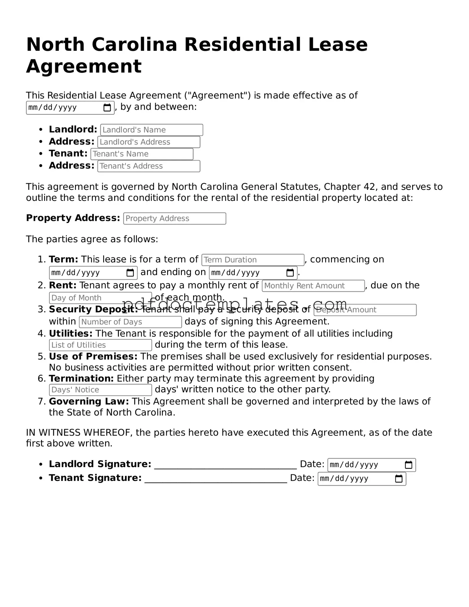 Blank Residential Lease Agreement Document for North Carolina