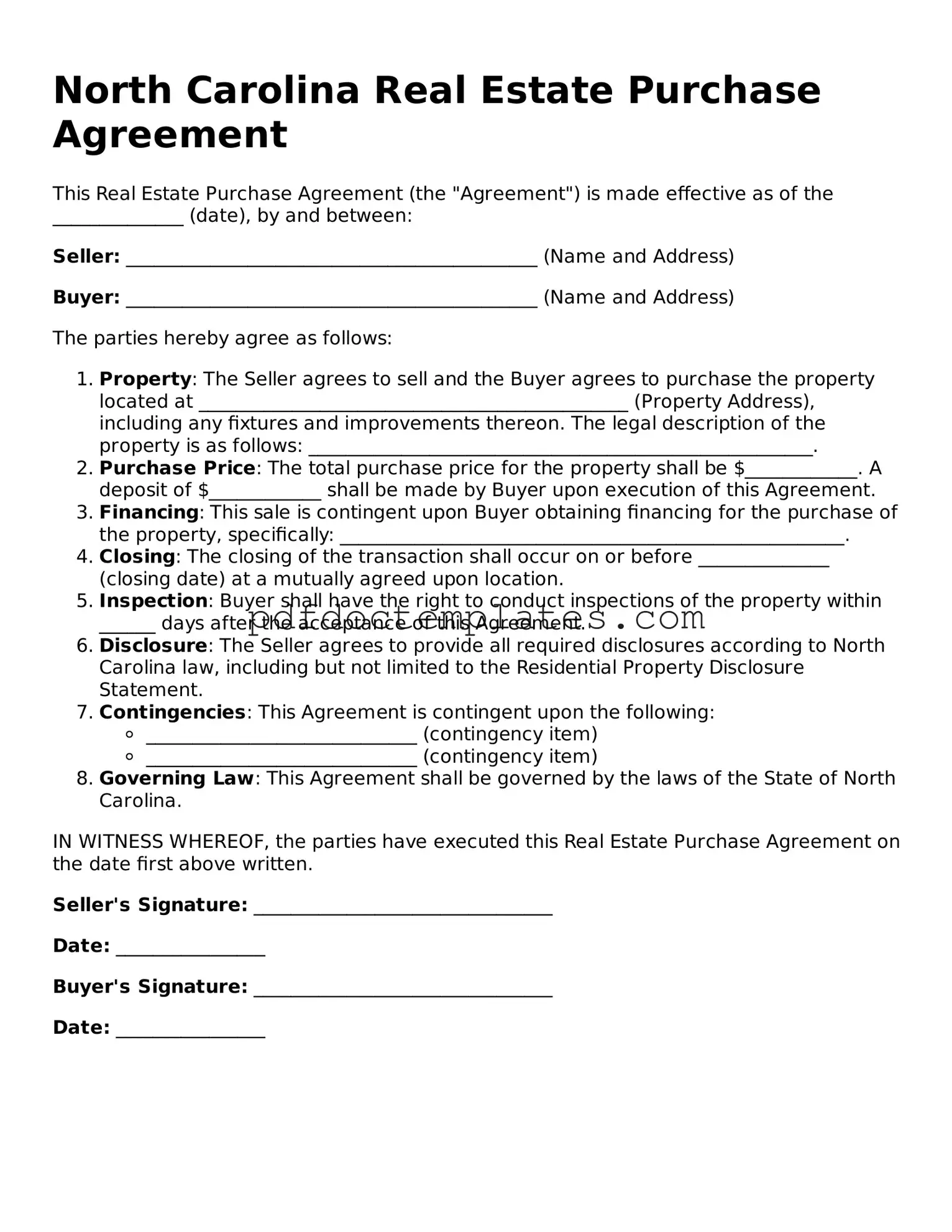 Blank  Real Estate Purchase Agreement Document for North Carolina