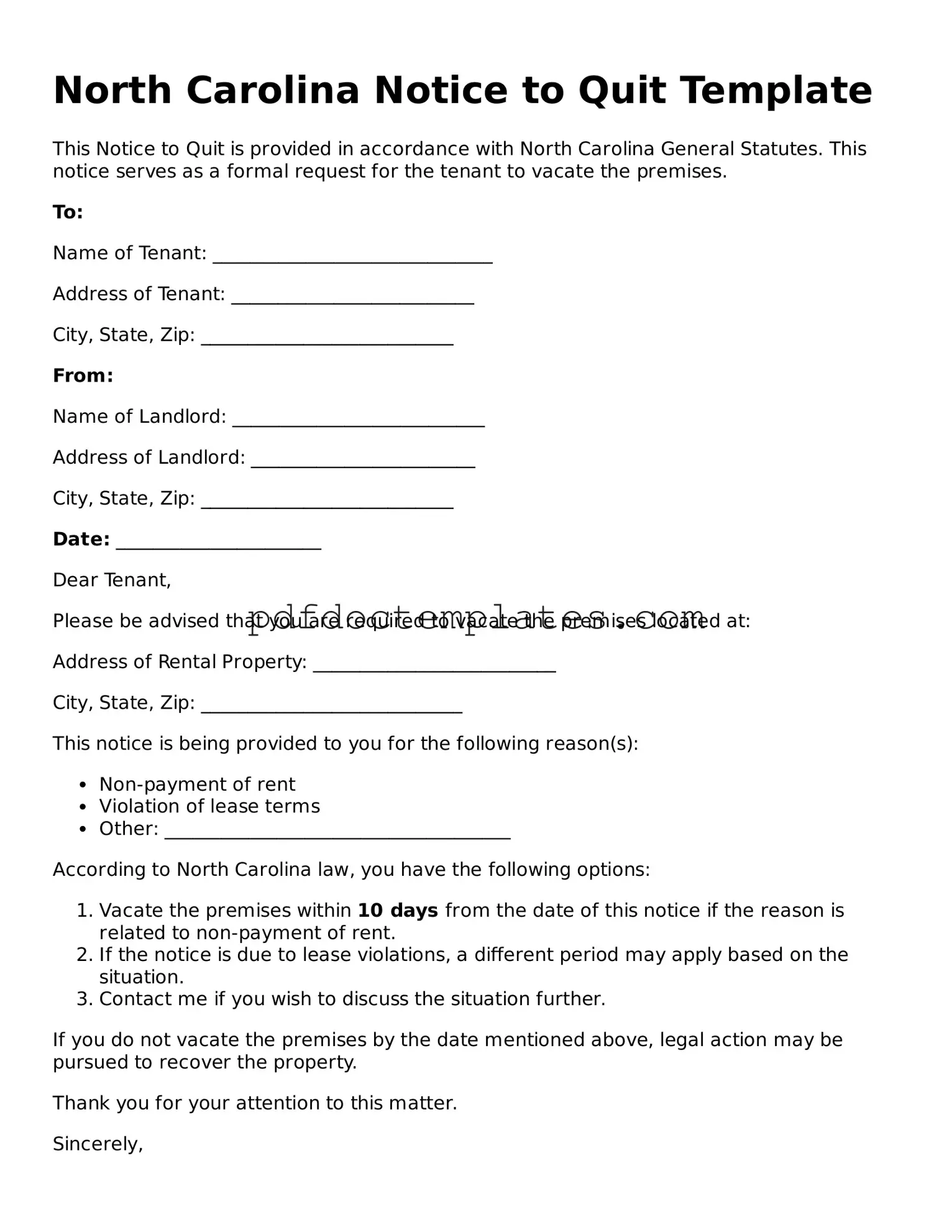 Blank  Notice to Quit Document for North Carolina