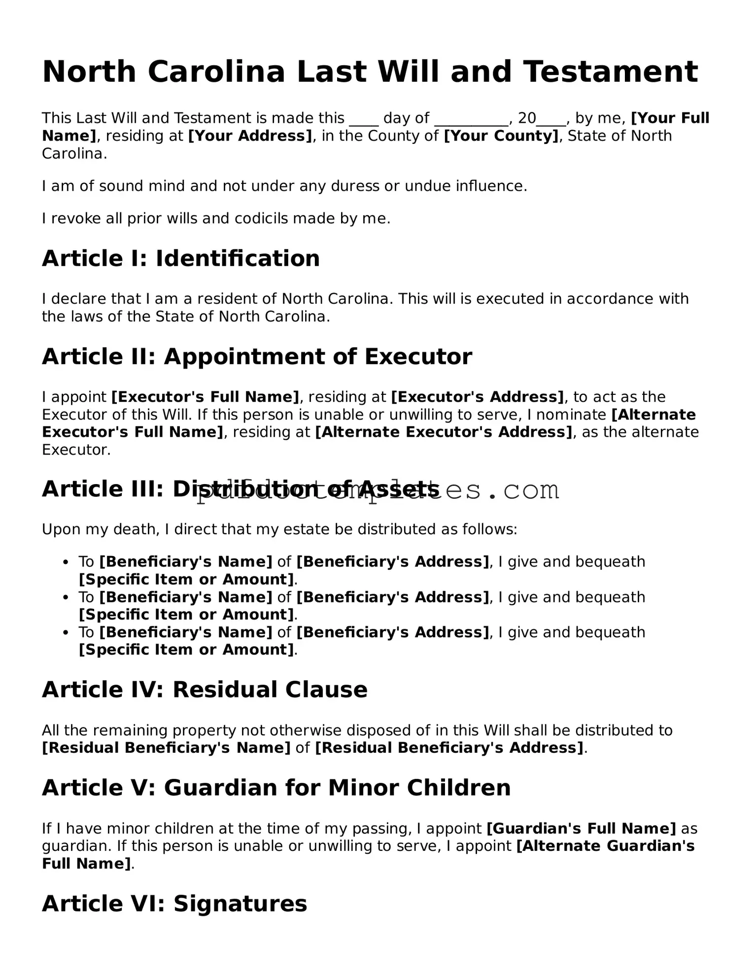 Blank  Last Will and Testament Document for North Carolina