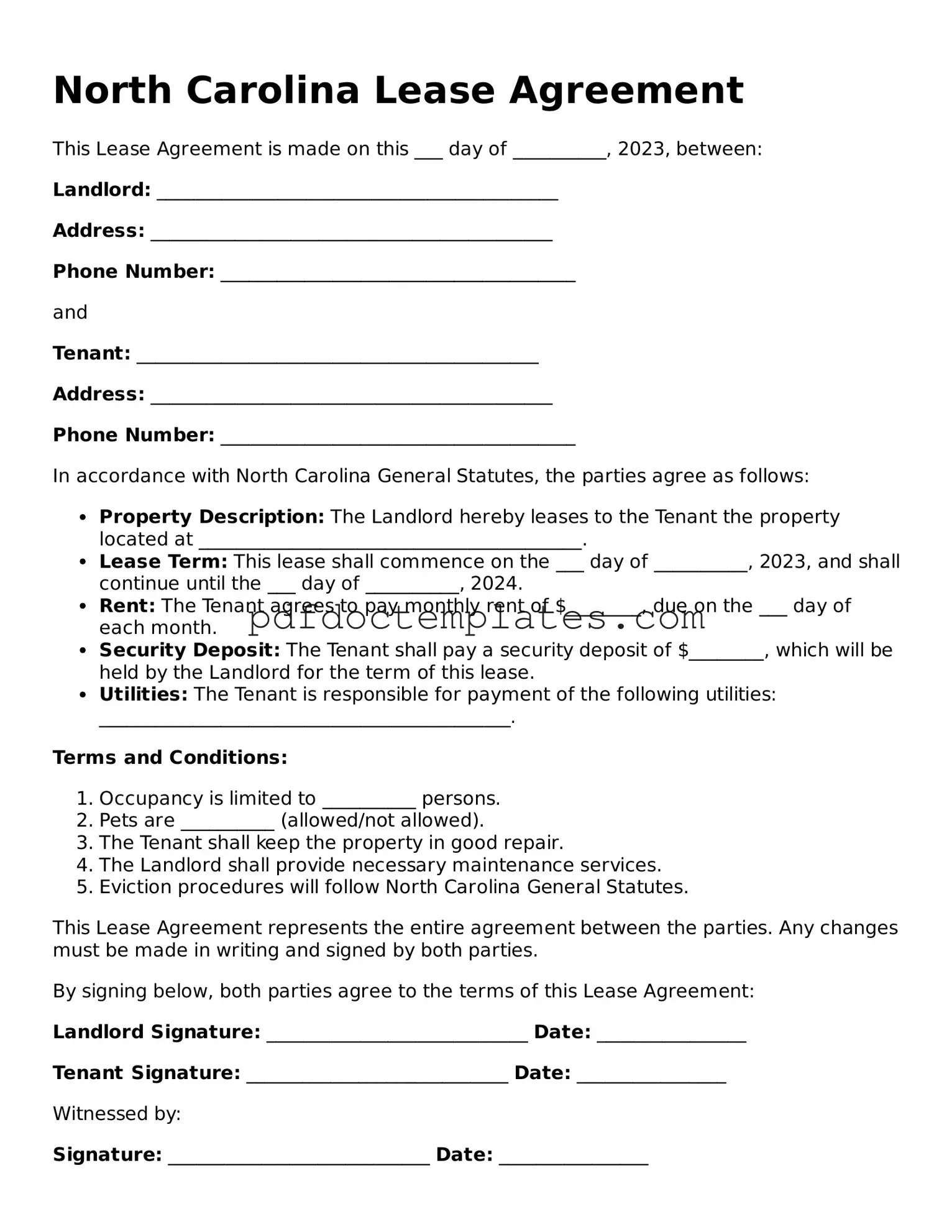Blank  Lease Agreement Document for North Carolina