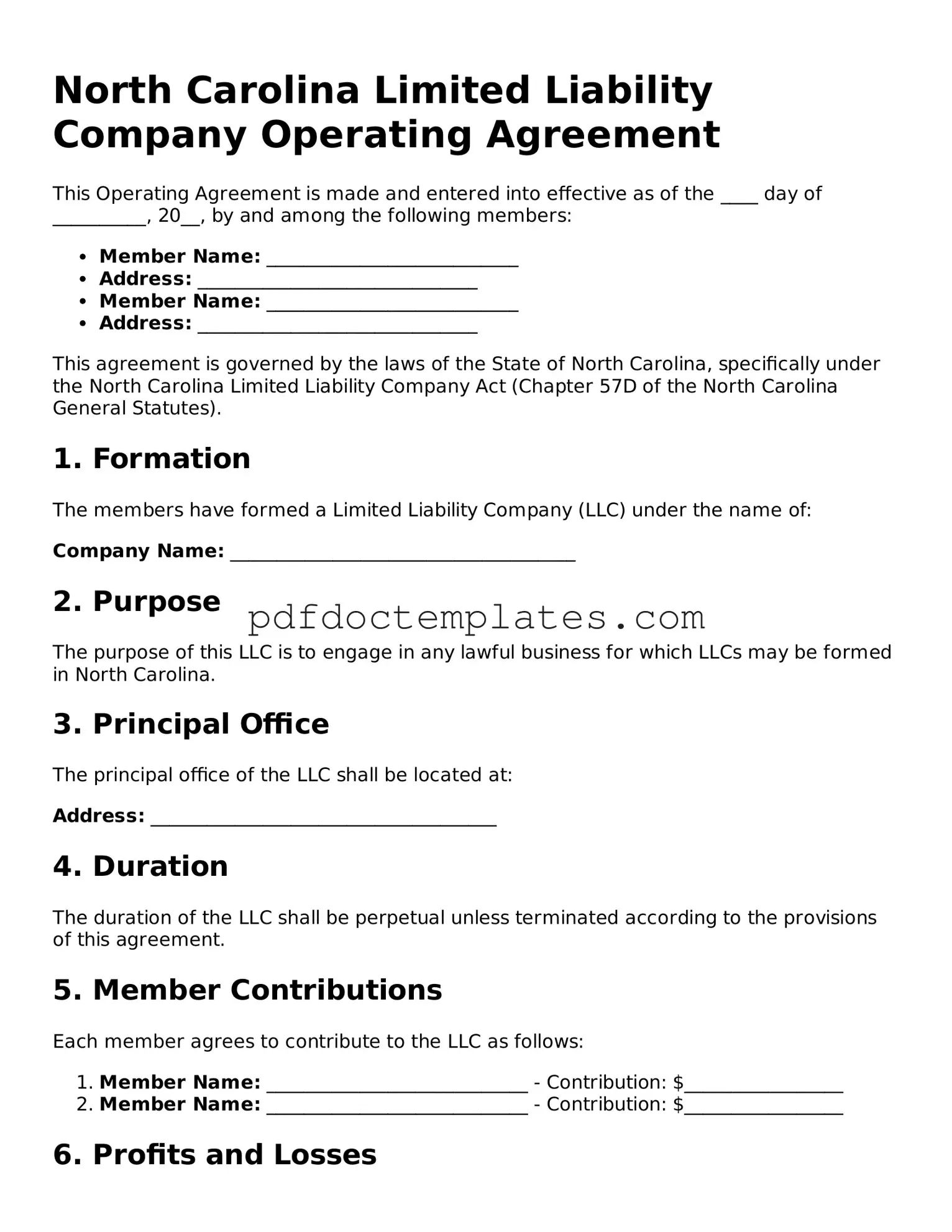 Blank  Operating Agreement Document for North Carolina