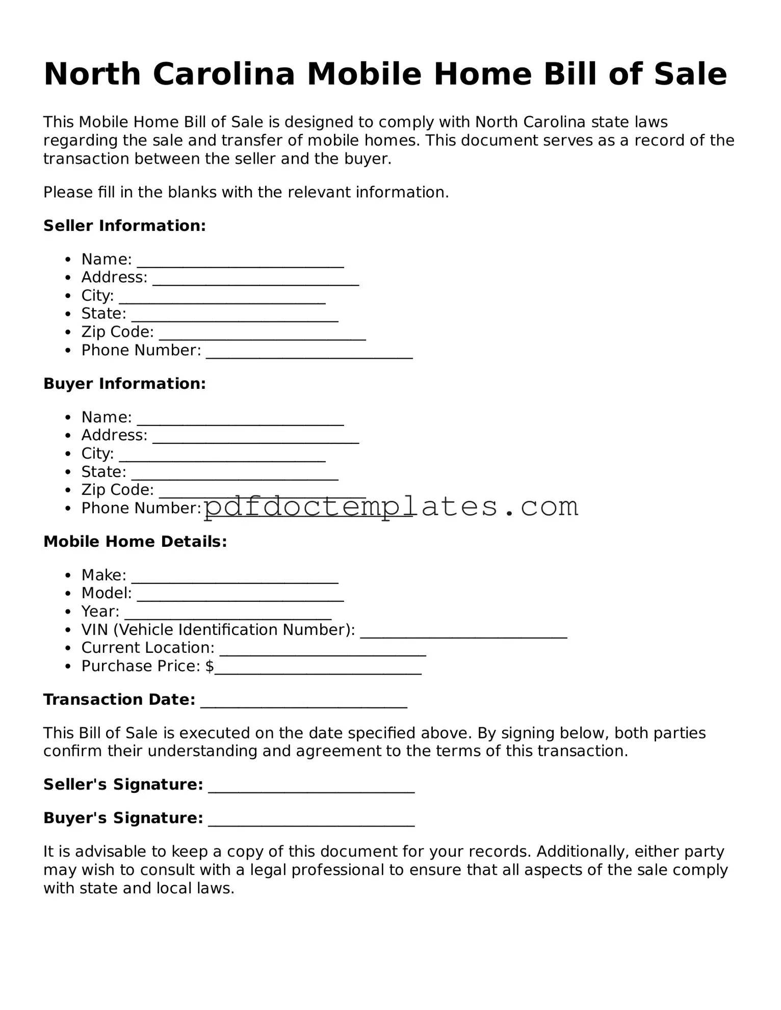 Blank  Mobile Home Bill of Sale Document for North Carolina