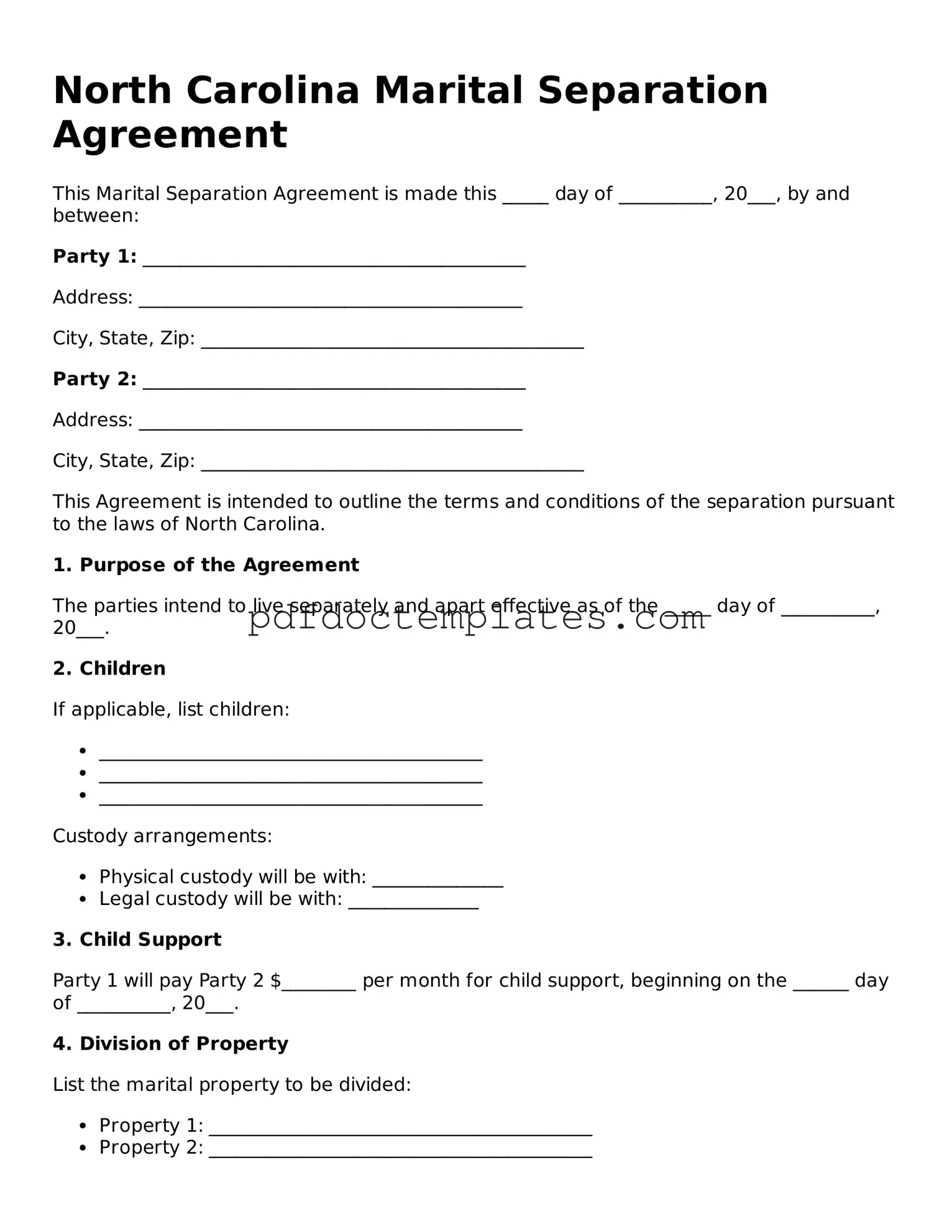 Blank  Marital Separation Agreement Document for North Carolina