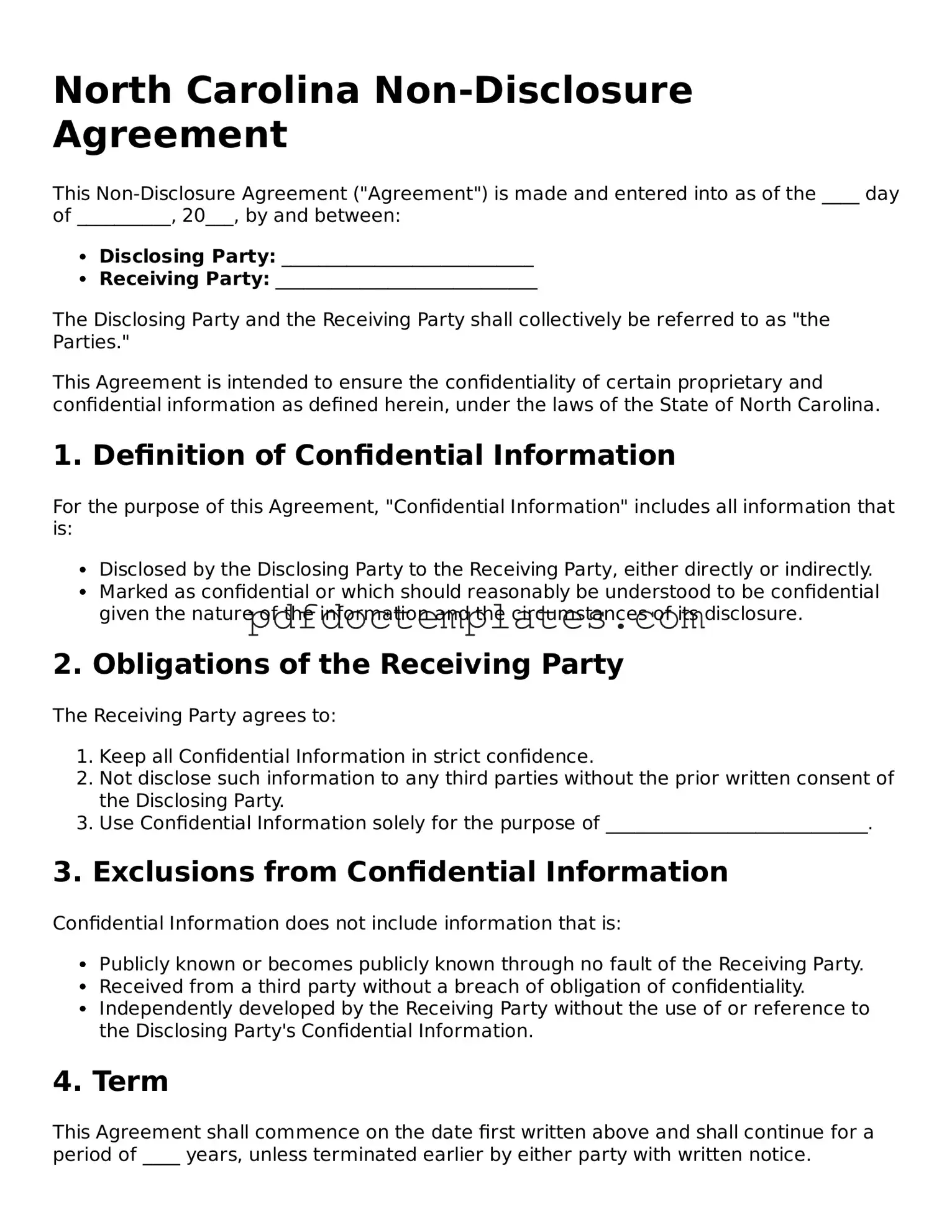 Blank  Non-disclosure Agreement Document for North Carolina