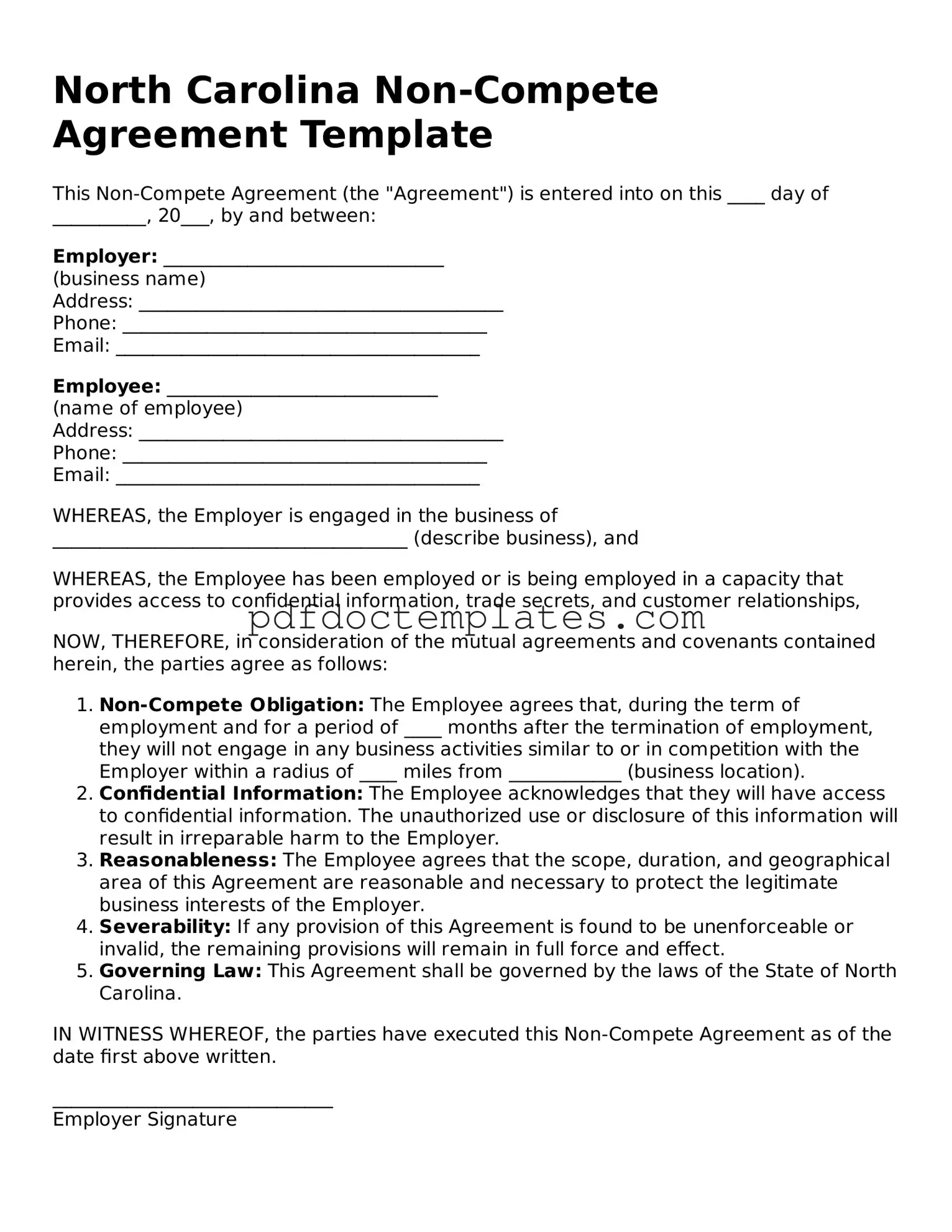 Blank  Non-compete Agreement Document for North Carolina