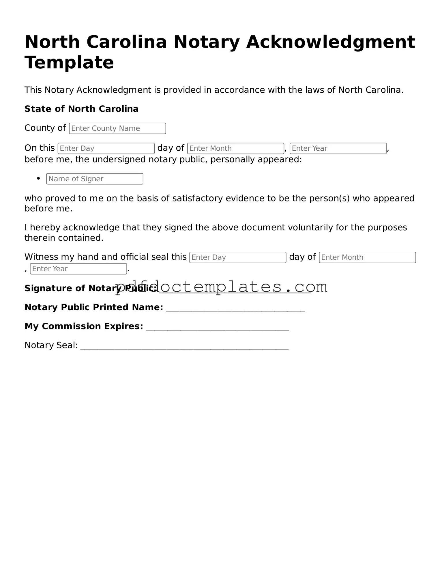 Blank Notary Acknowledgement Document for North Carolina