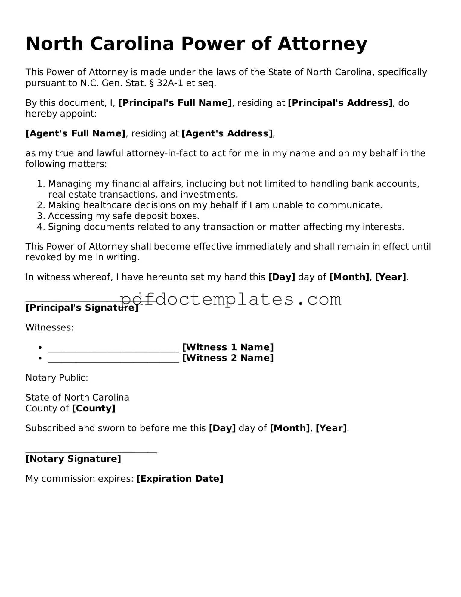 Blank  Power of Attorney Document for North Carolina