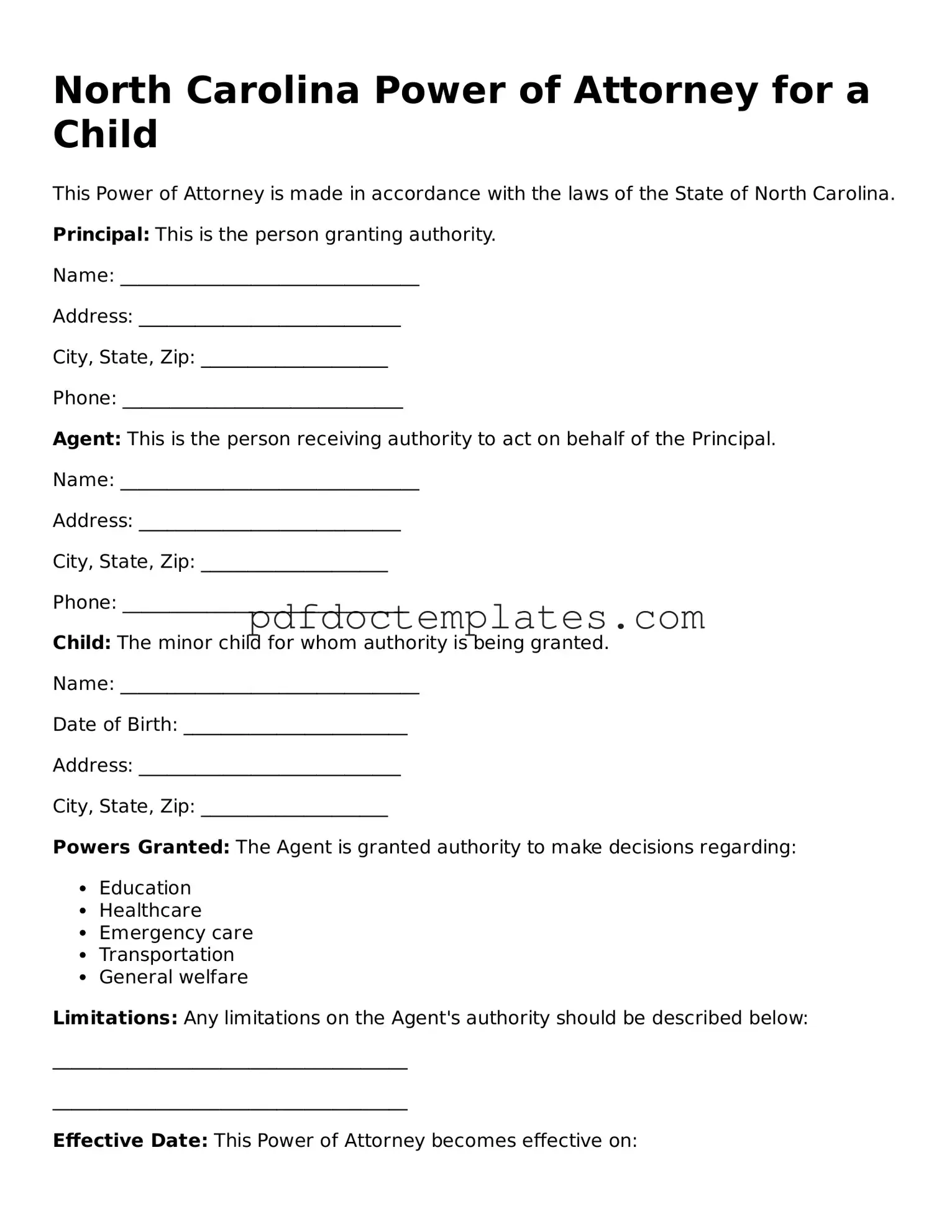Blank  Power of Attorney for a Child Document for North Carolina