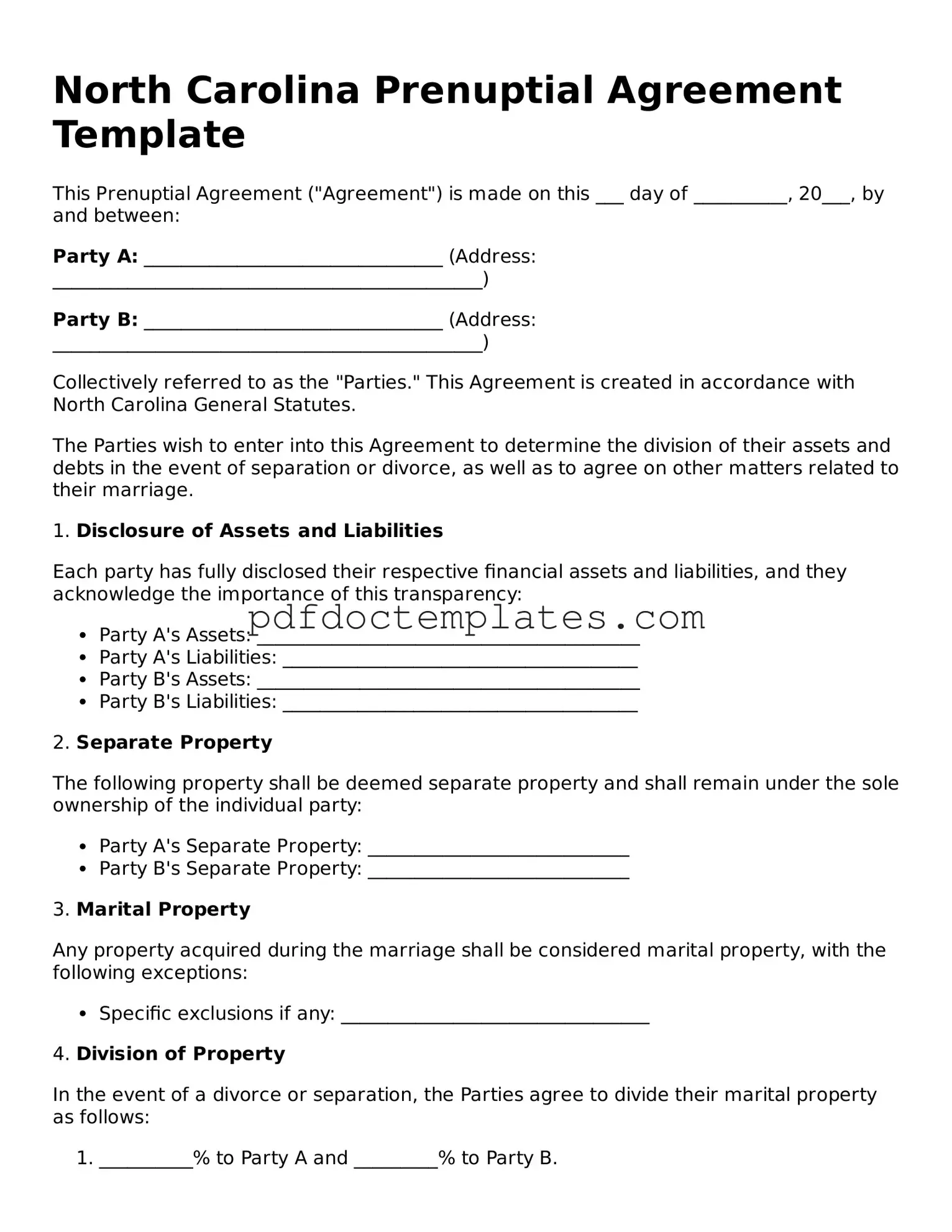 Blank  Prenuptial Agreement Document for North Carolina