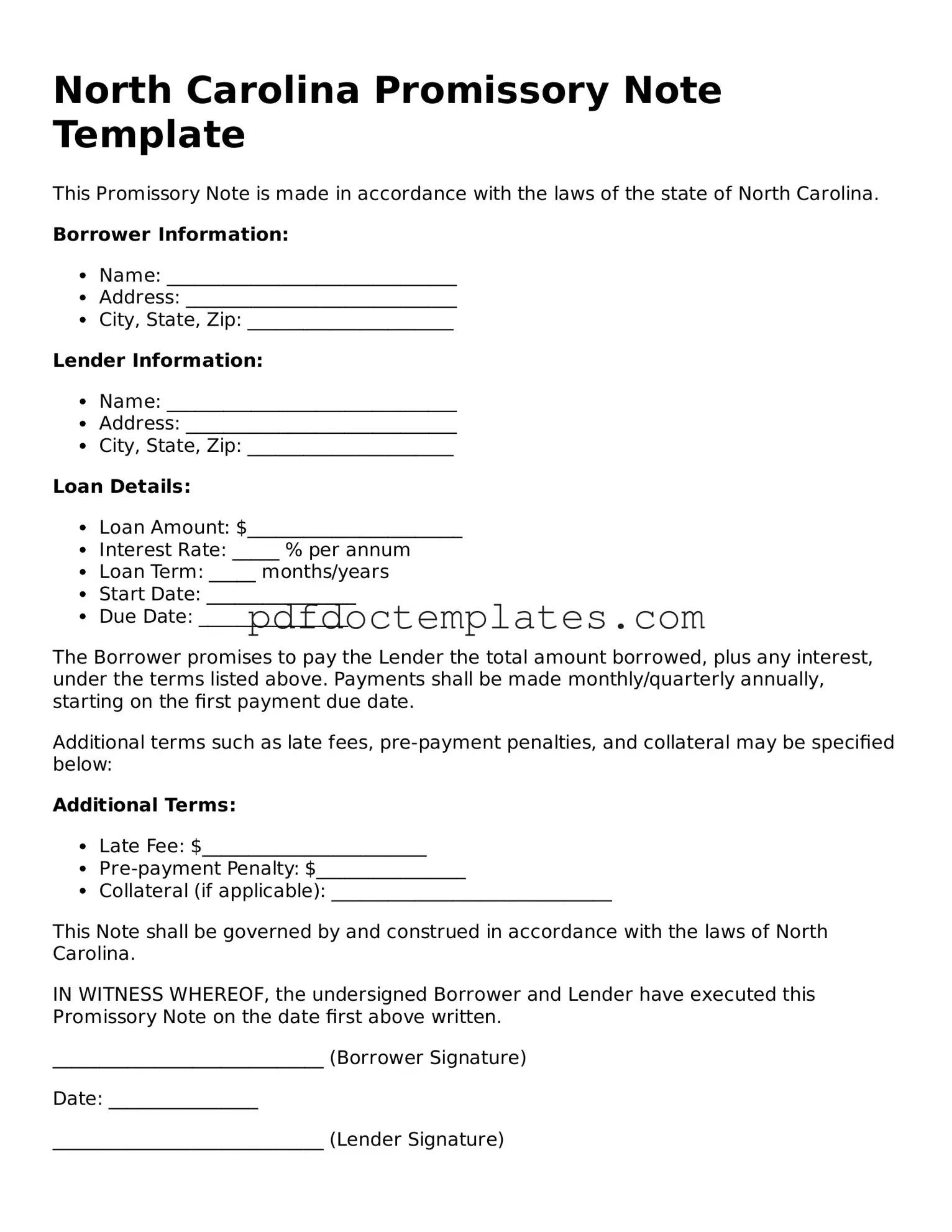 Blank  Promissory Note Document for North Carolina