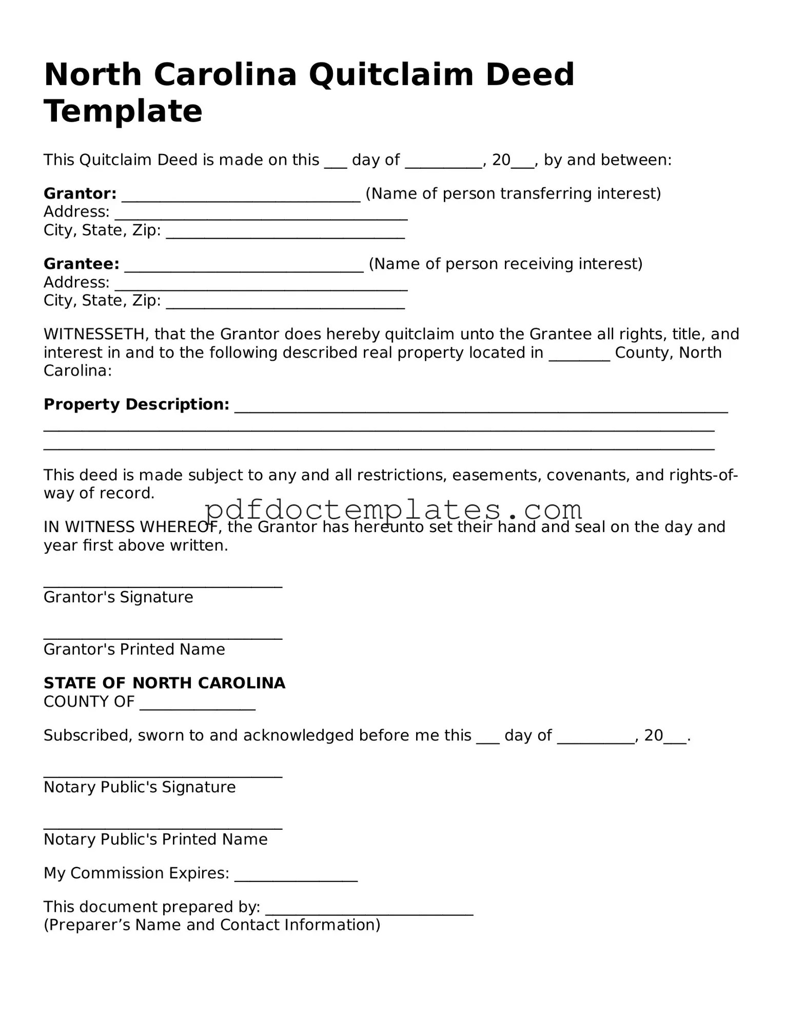 Blank  Quitclaim Deed Document for North Carolina