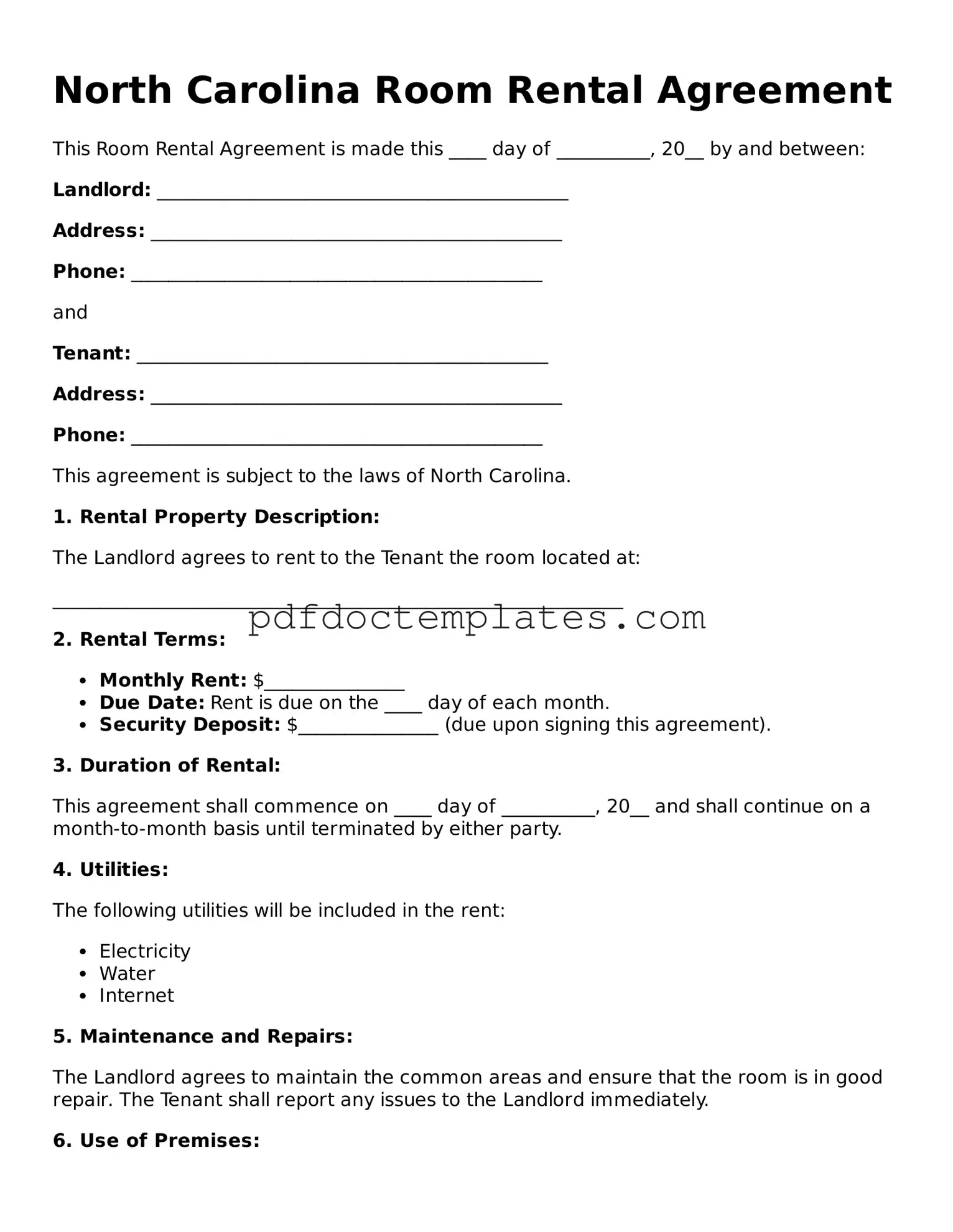 Blank  Room Rental Agreement Document for North Carolina