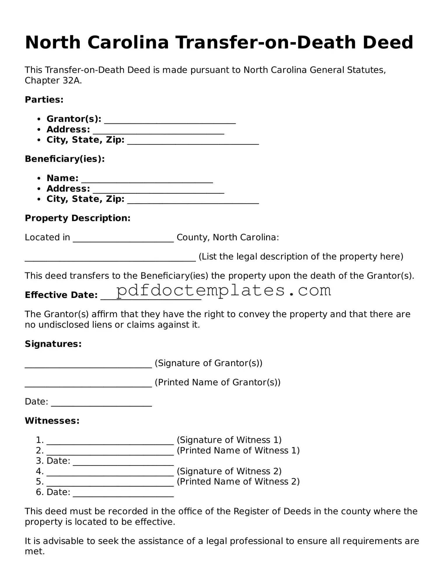 Blank  Transfer-on-Death Deed Document for North Carolina