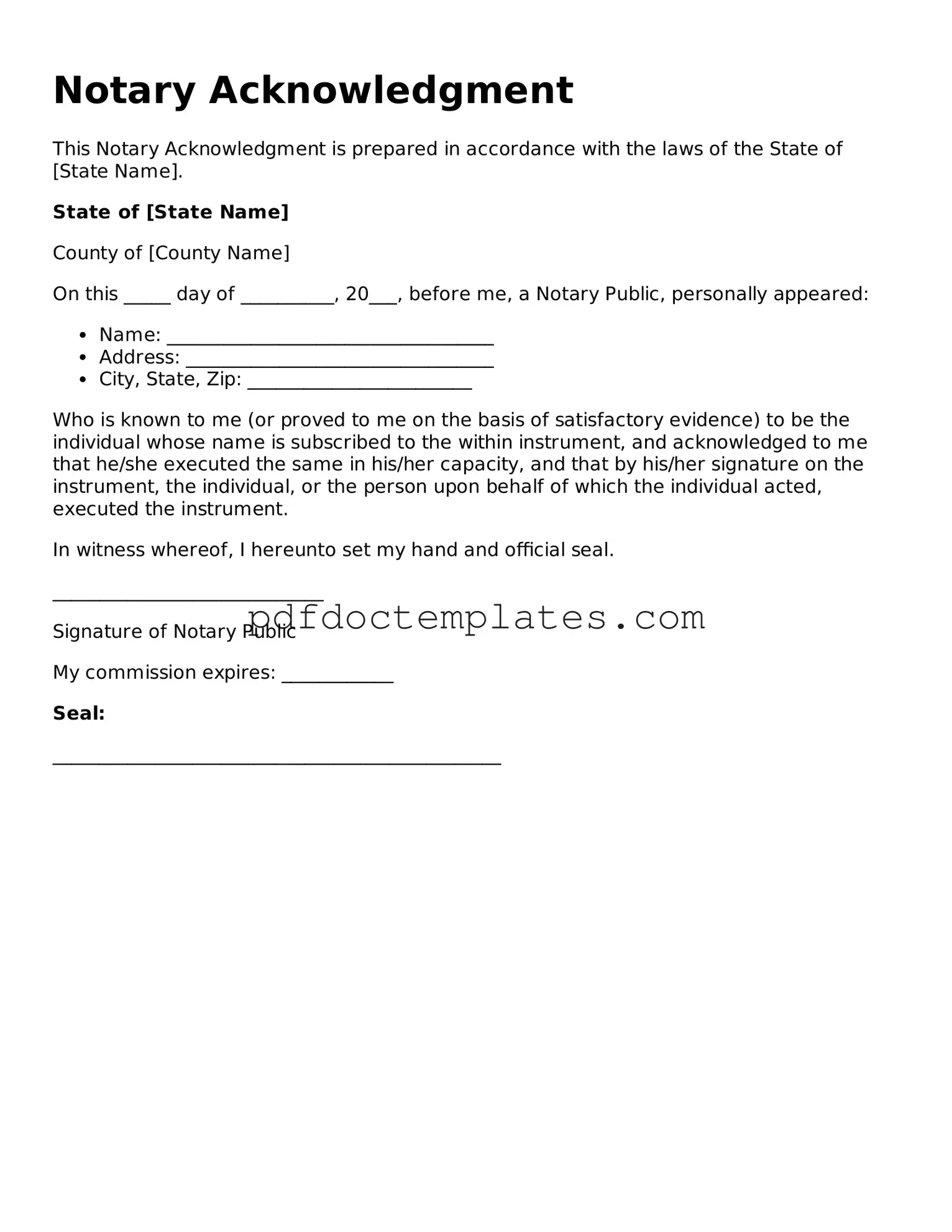 Printable Notary Acknowledgement Template
