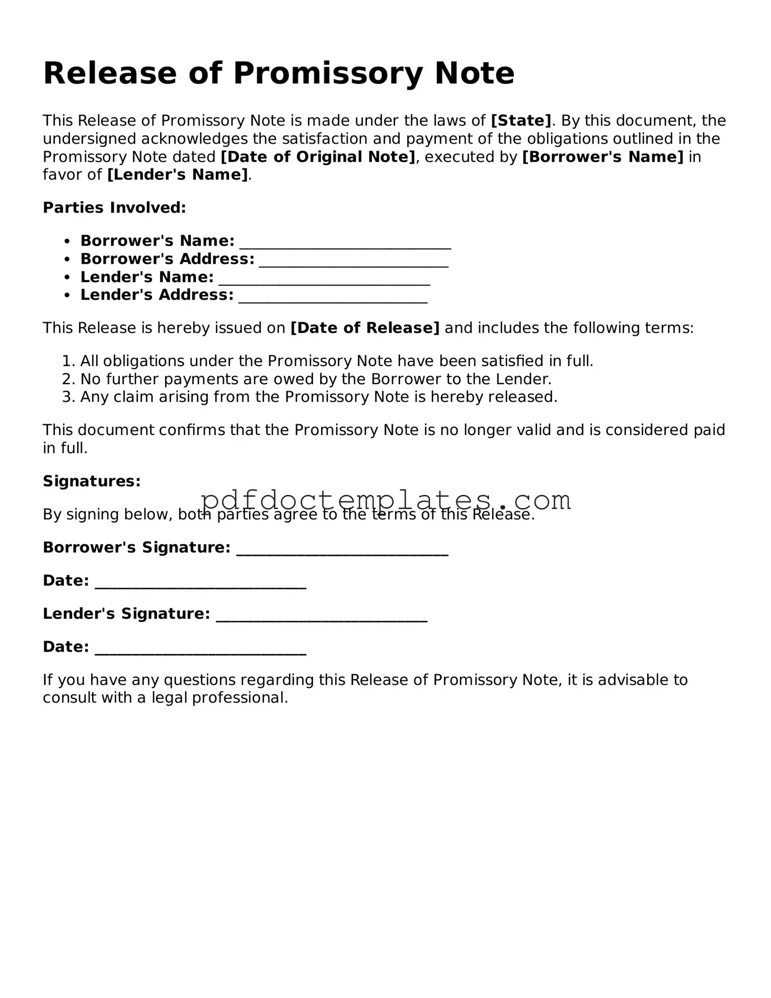 Printable Release of Promissory Note Template