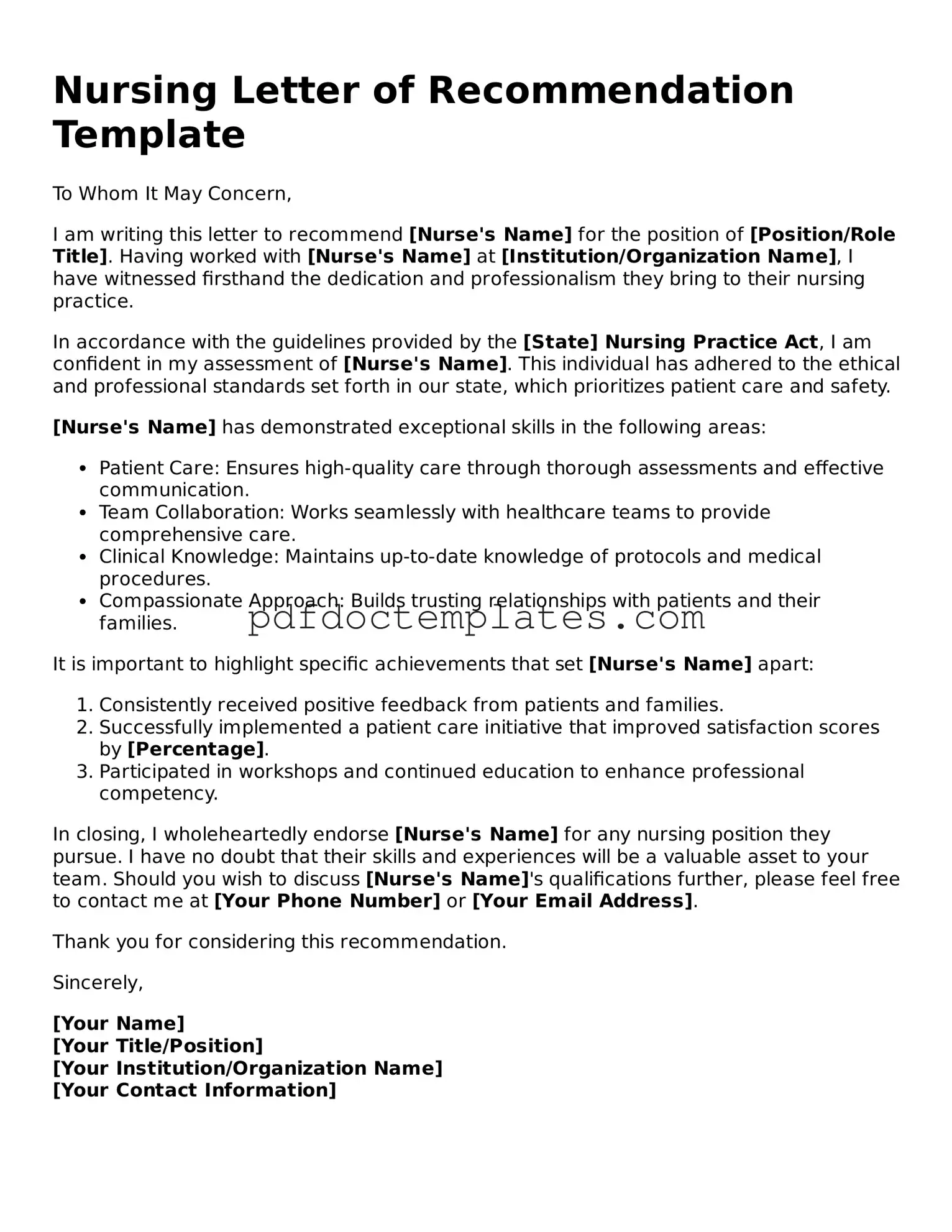 Printable Nursing Letter of Recommendation Template