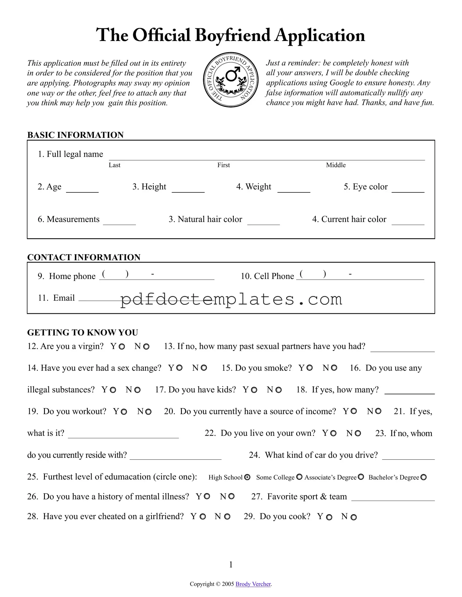 Download Boyfriend application form Template