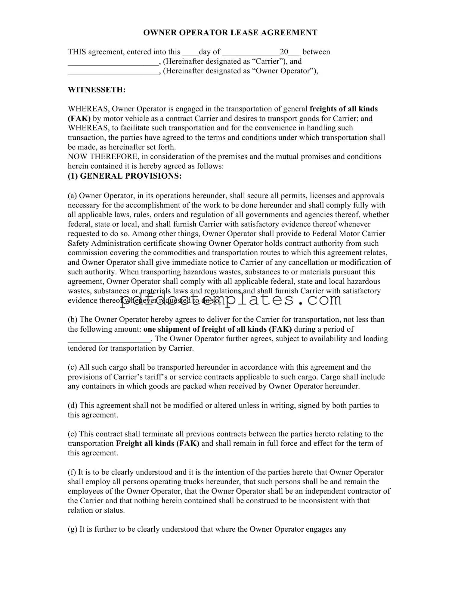 Download Owner Operator Lease Agreement Template