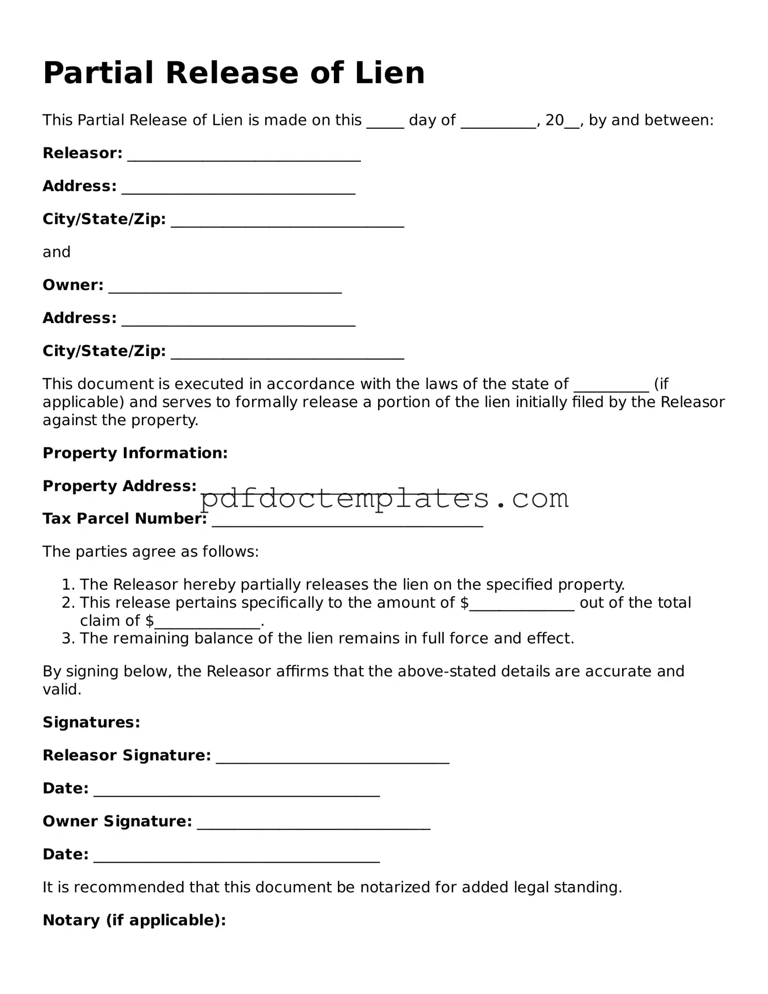 Printable Partial Release of Lien Template