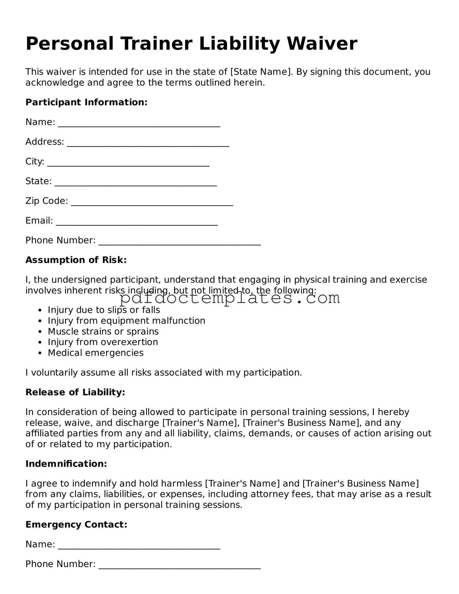 Printable Personal Trainer Liability Waiver Template