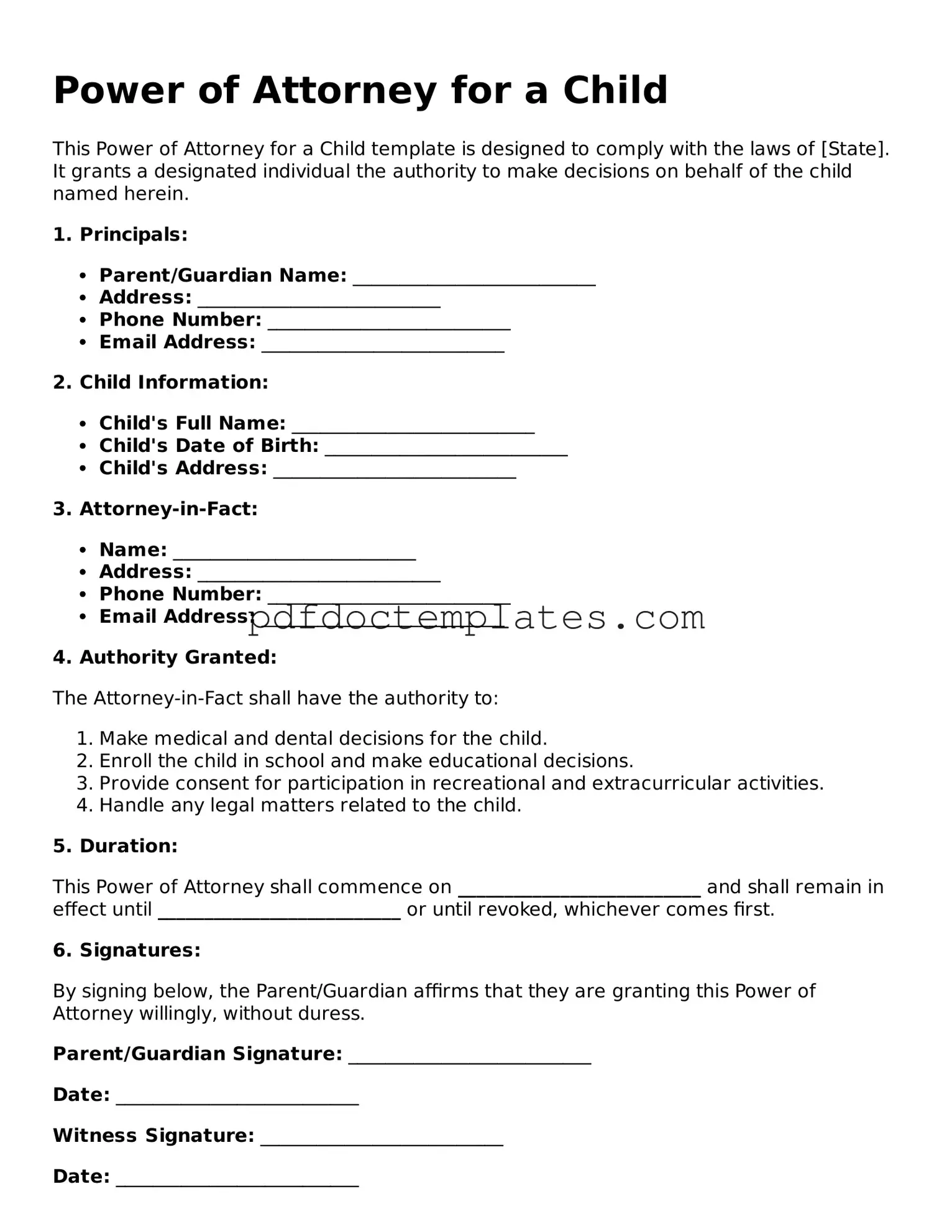 Printable Power of Attorney for a Child Template