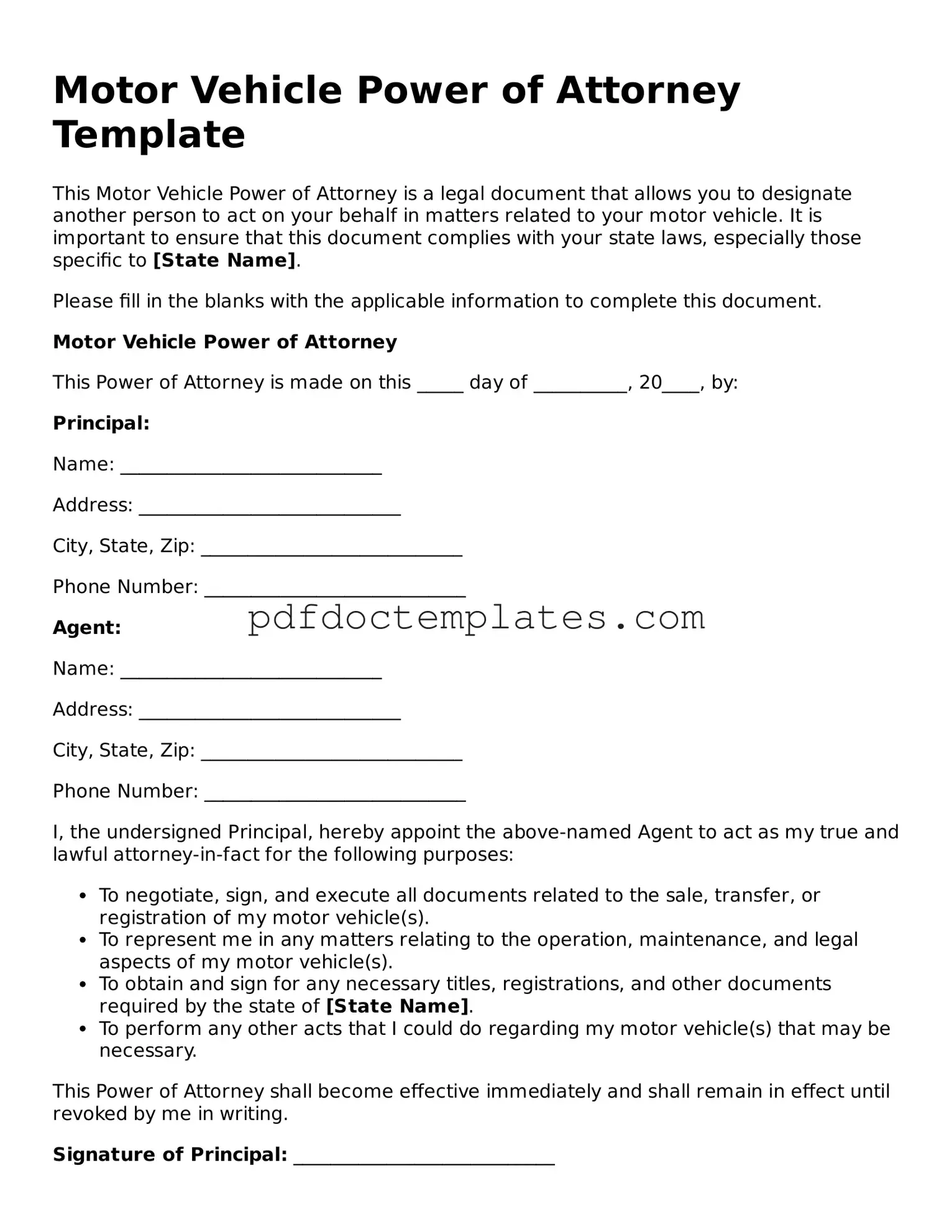 Printable Motor Vehicle Power of Attorney Template