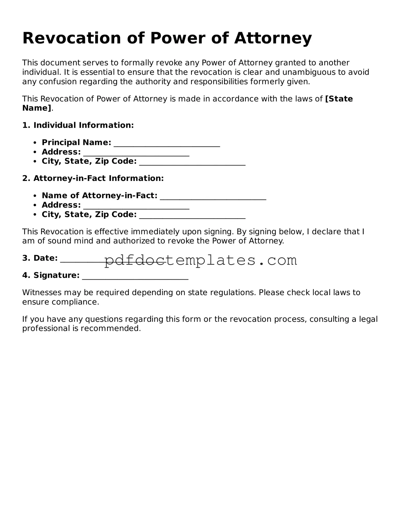 Printable Revocation of Power of Attorney Template
