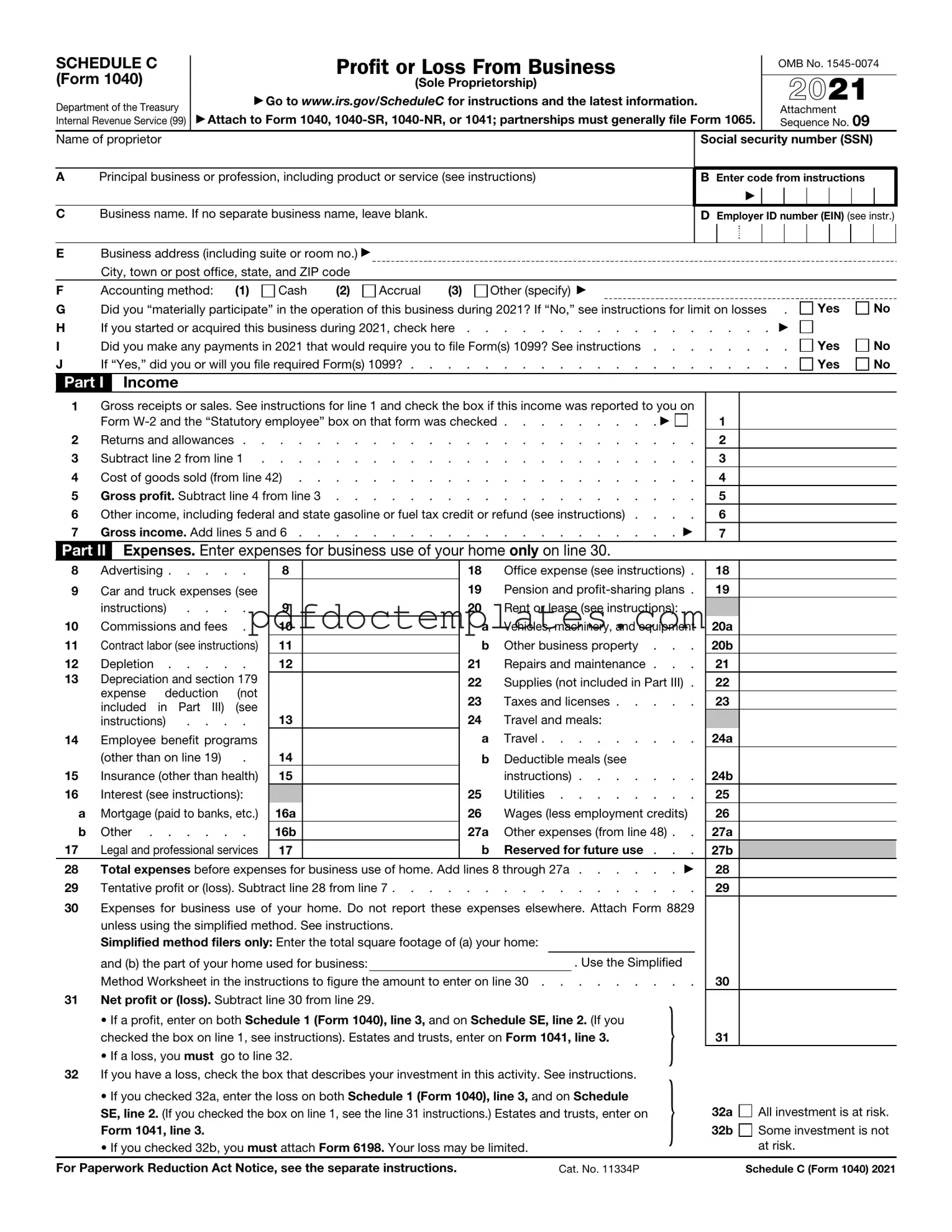 Download IRS Schedule C 1040 Template