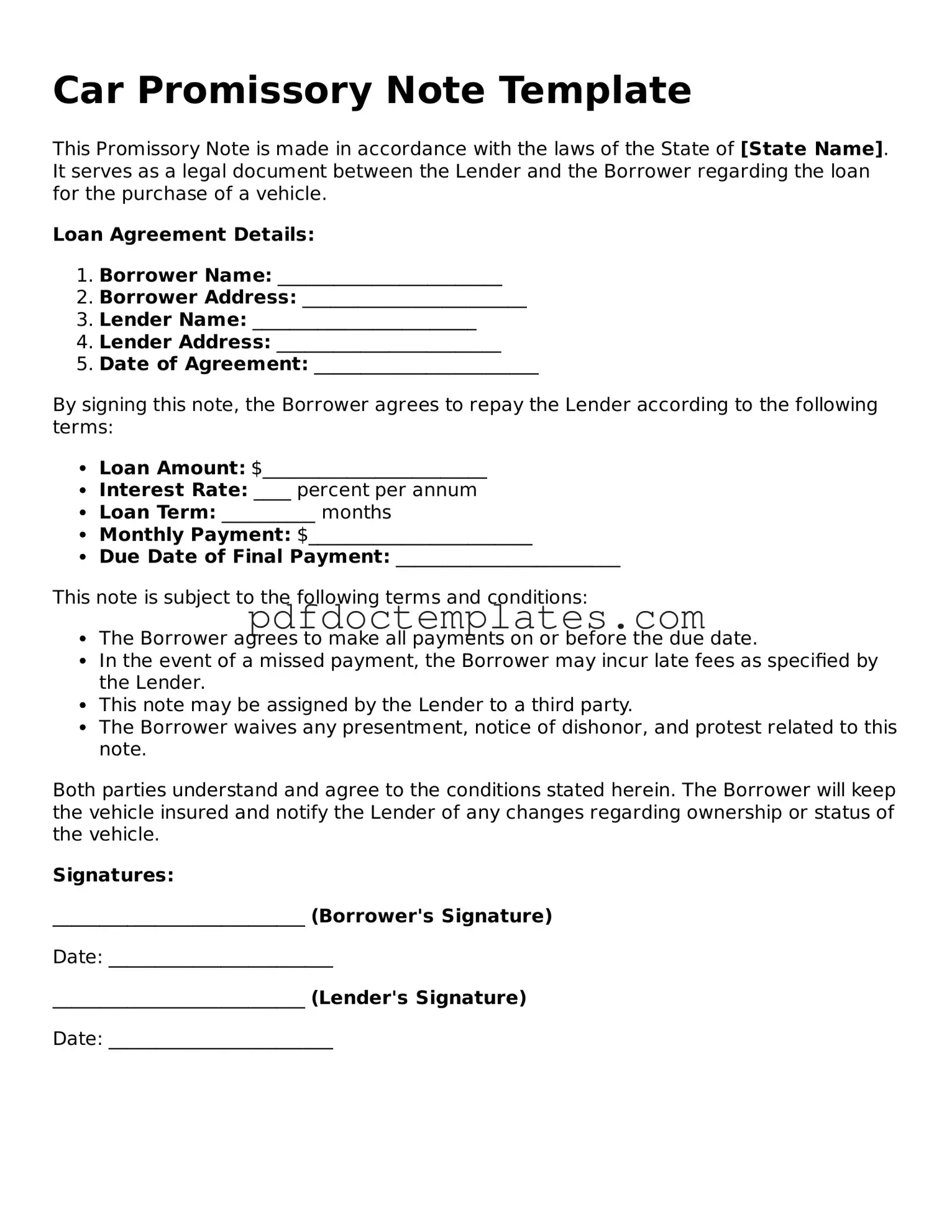Printable Promissory Note for a Car Template