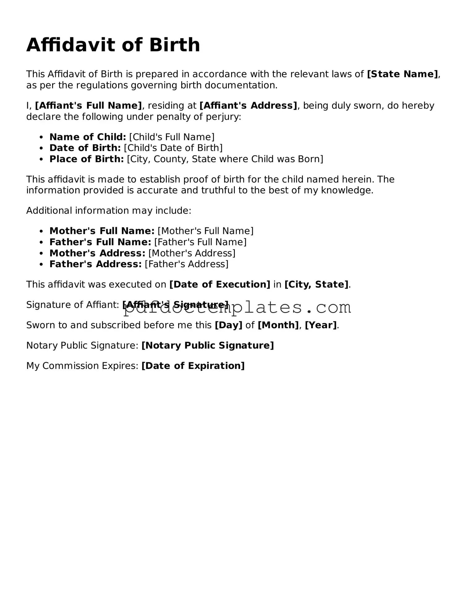 Printable Affidavit of Birth Template