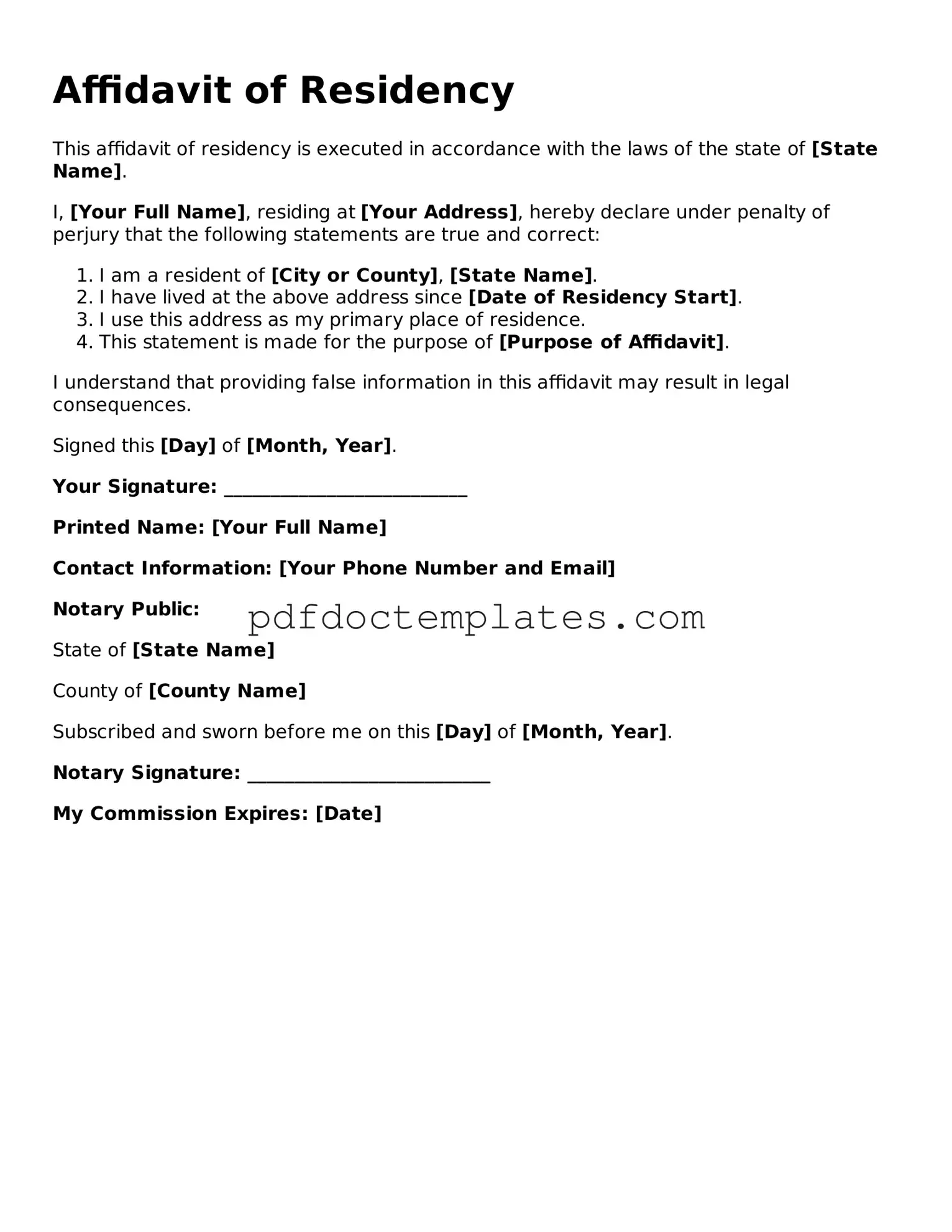 Printable Affidavit of Residency Template