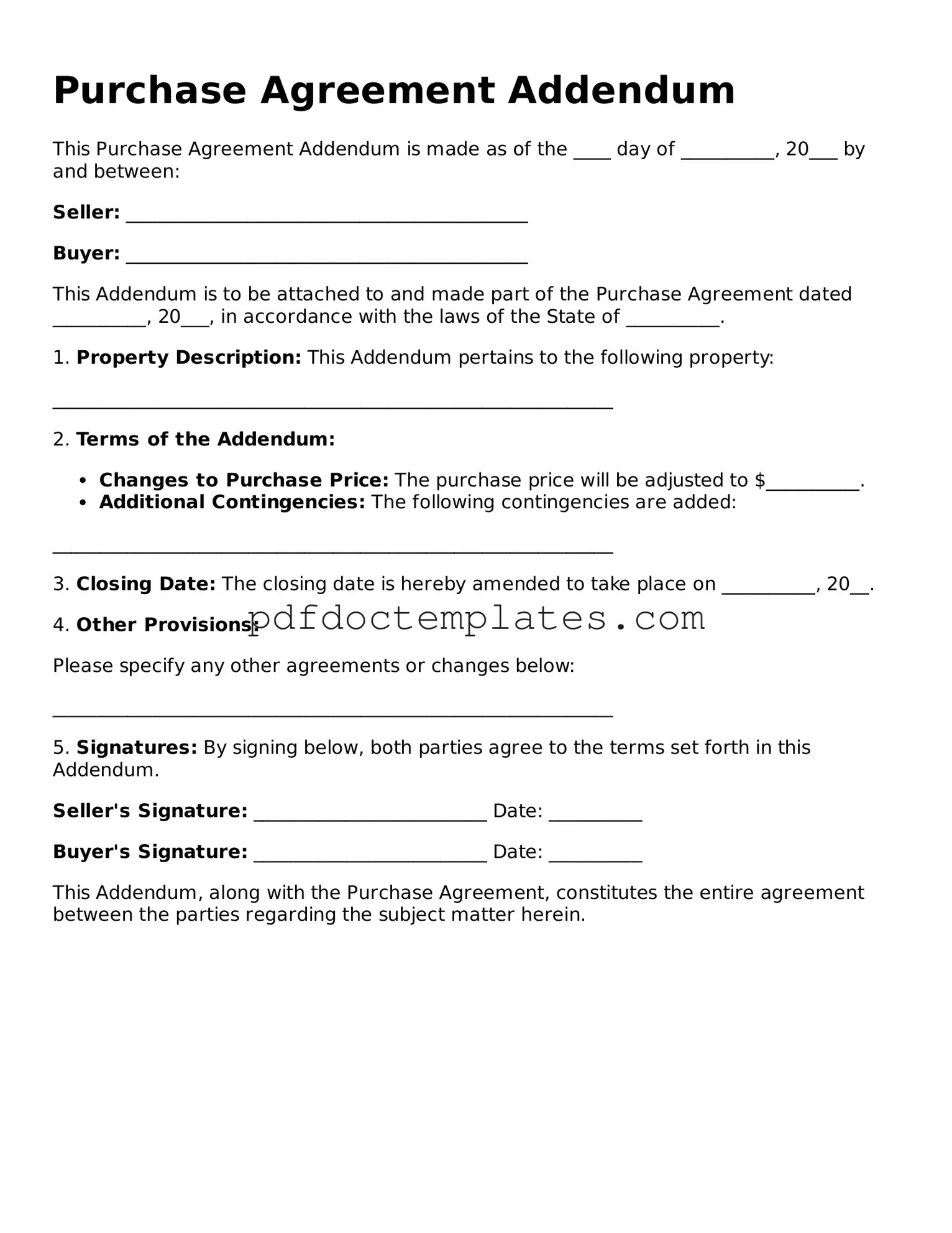 Printable Purchase Agreement Addendum Template