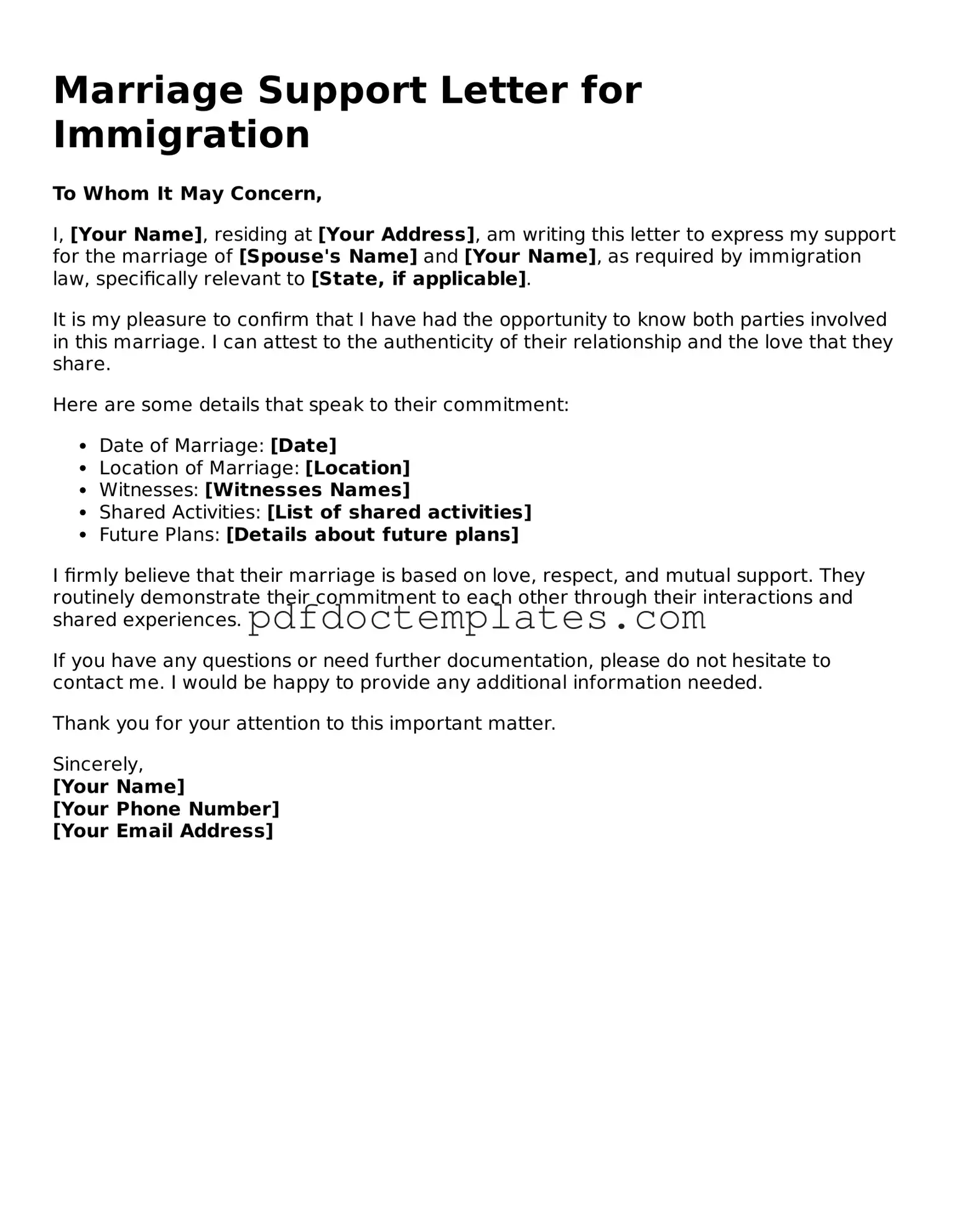 Printable Marriage Support Letter for Immigration Template