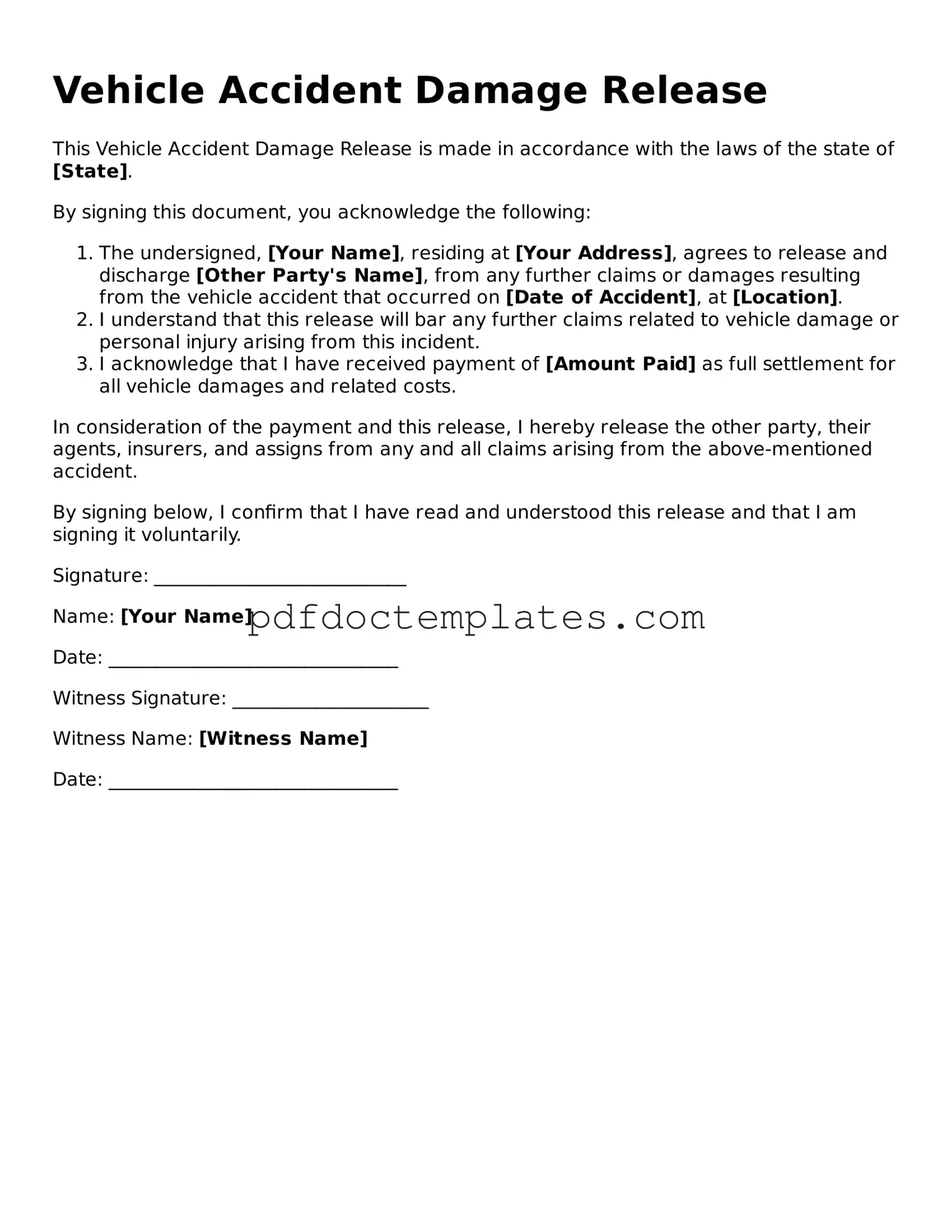 Printable Vehicle Accident Damage Release Template
