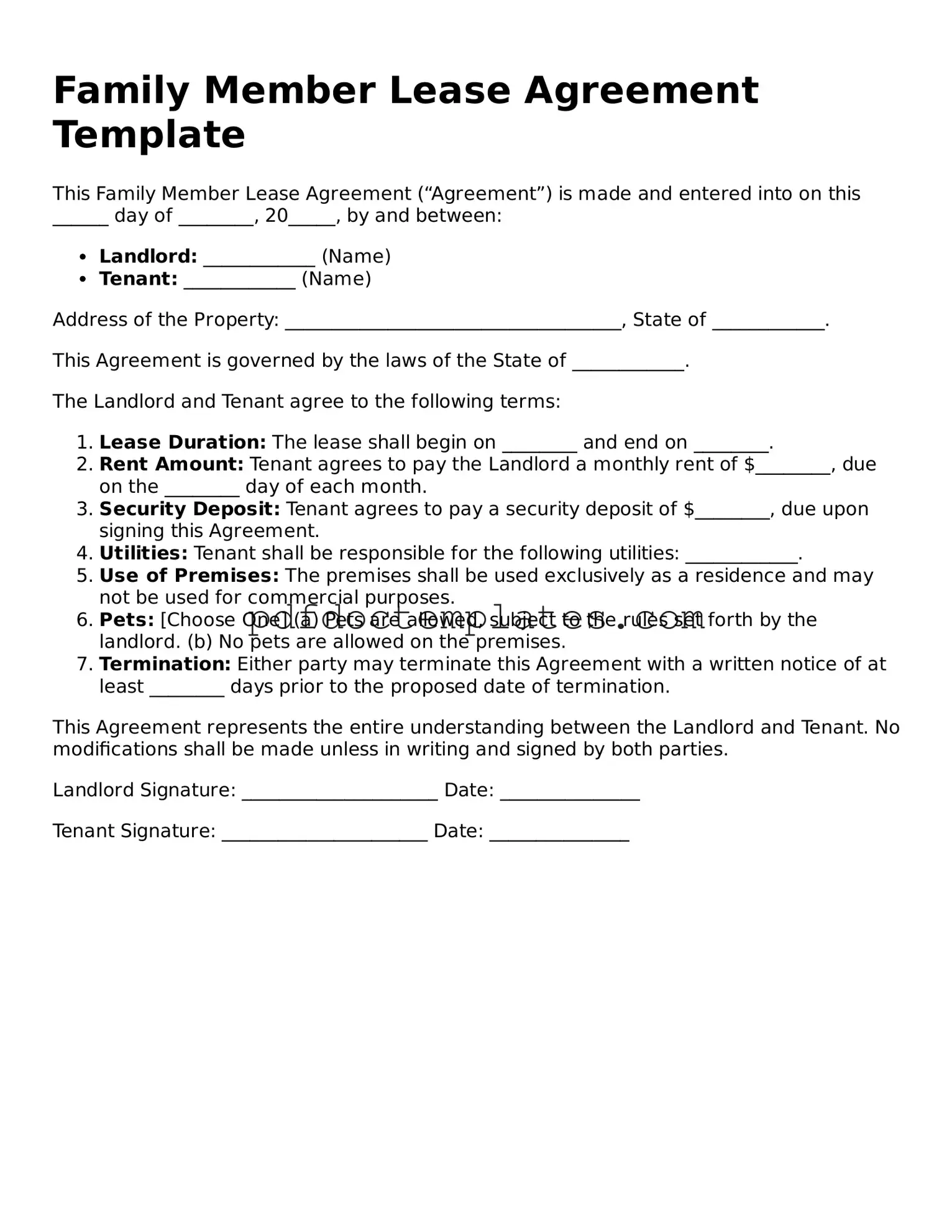 Printable Family Member Lease Agreement Template